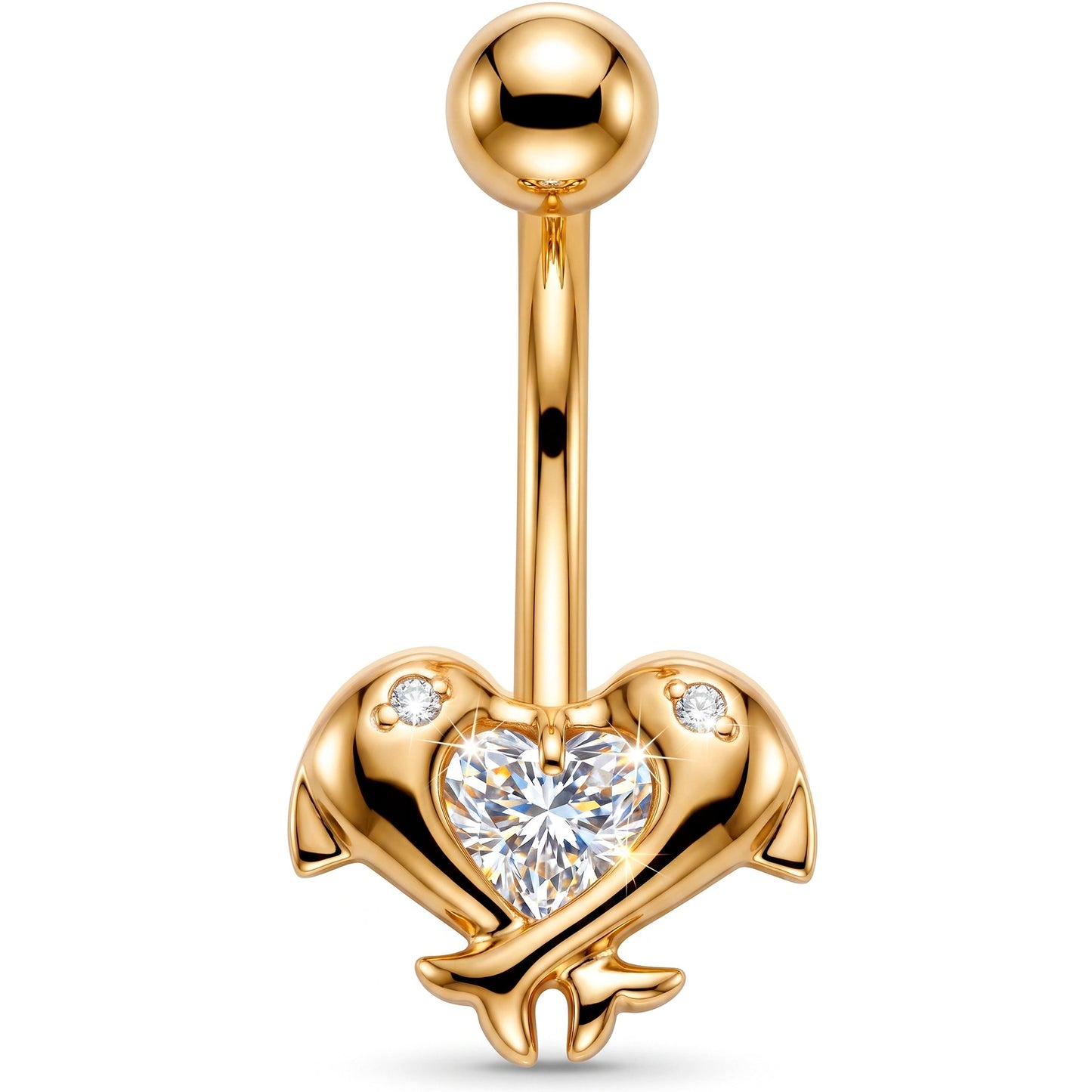 16G Solid 14k Yellow Gold Cubic Zirconia Dolphin Kiss Belly Ring