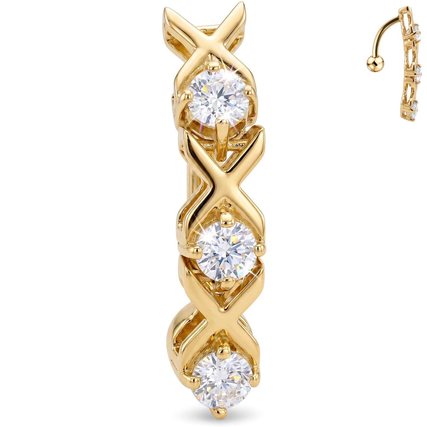 16G Solid 14k Yellow Gold Top Mount Cubic Zirconia Xoxo Belly Ring