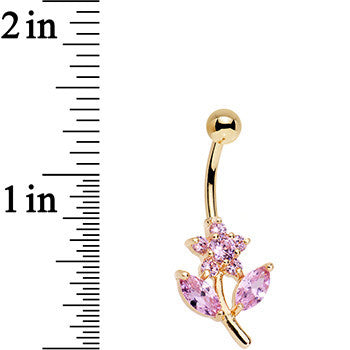 Pink Gem Gold Plated Leafy Flower Belly Ring