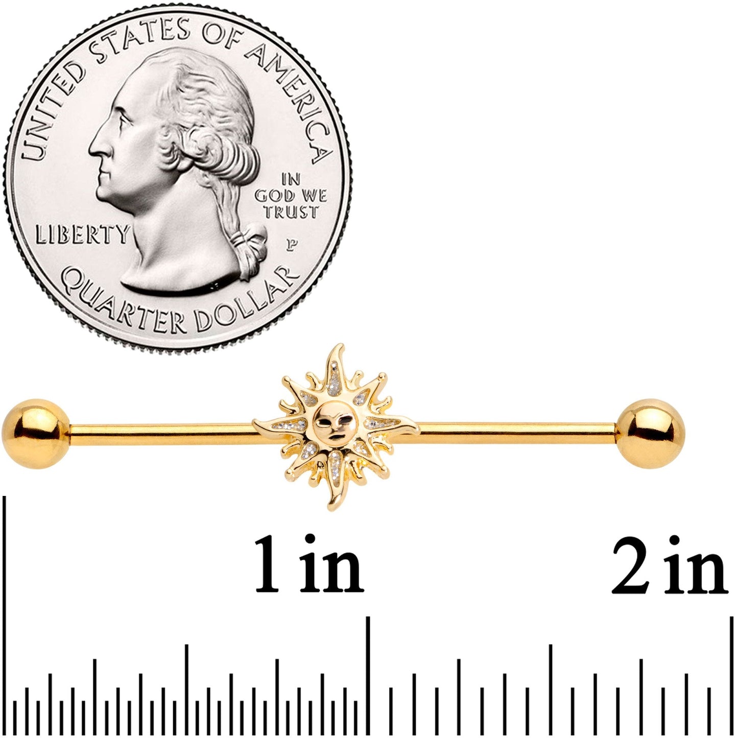 14G Gold Tone Happy Sun Industrial Barbell 38mm