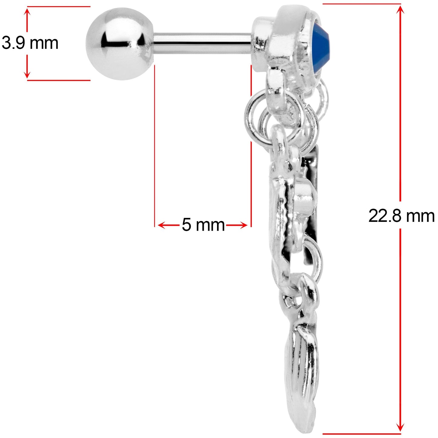 16G 1/4 Blue Gem Eye Feather Dangle Cartilage Tragus Earring