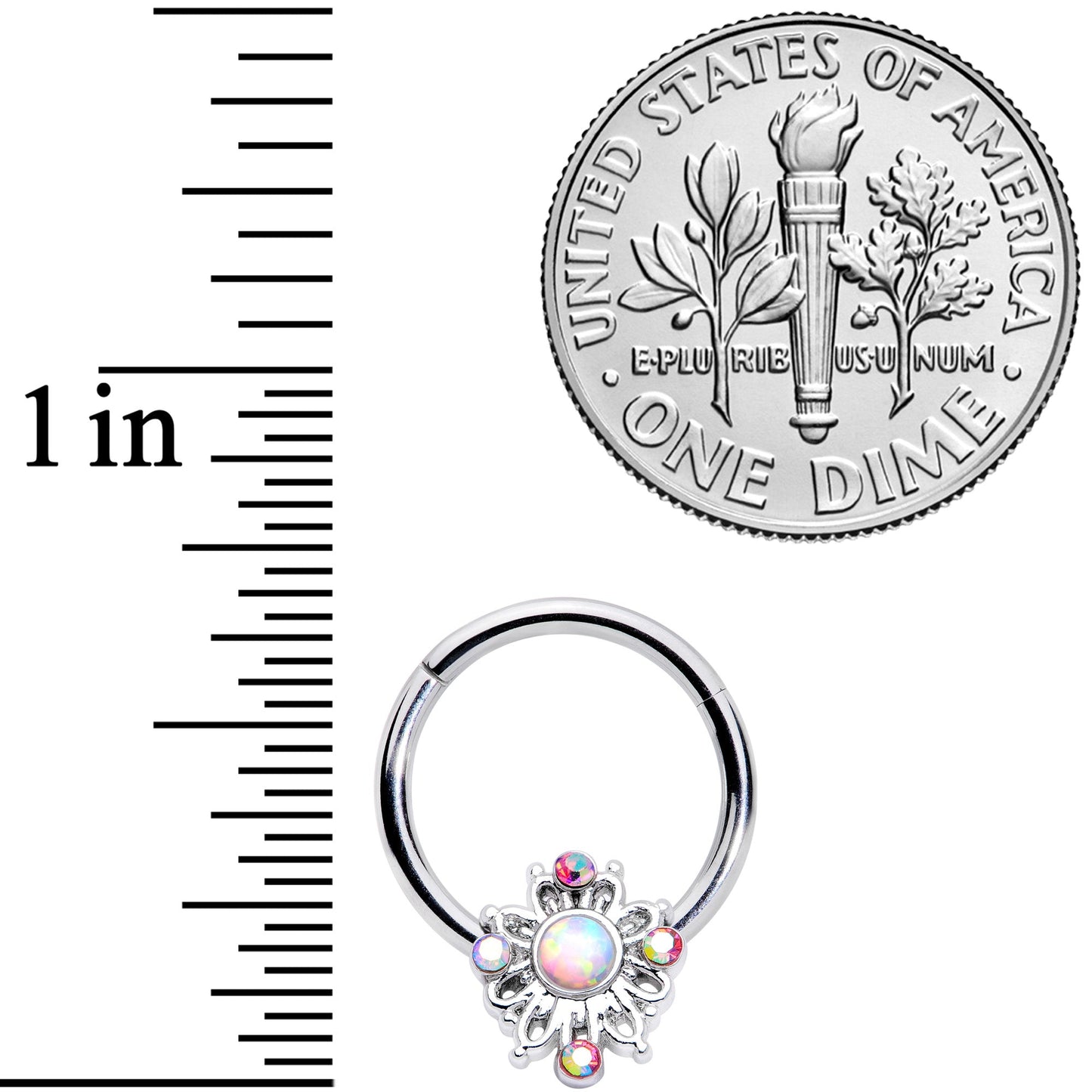 16G 3/8 White Synthetic Opal Aurora Gem Crest Hinged Segment Ring