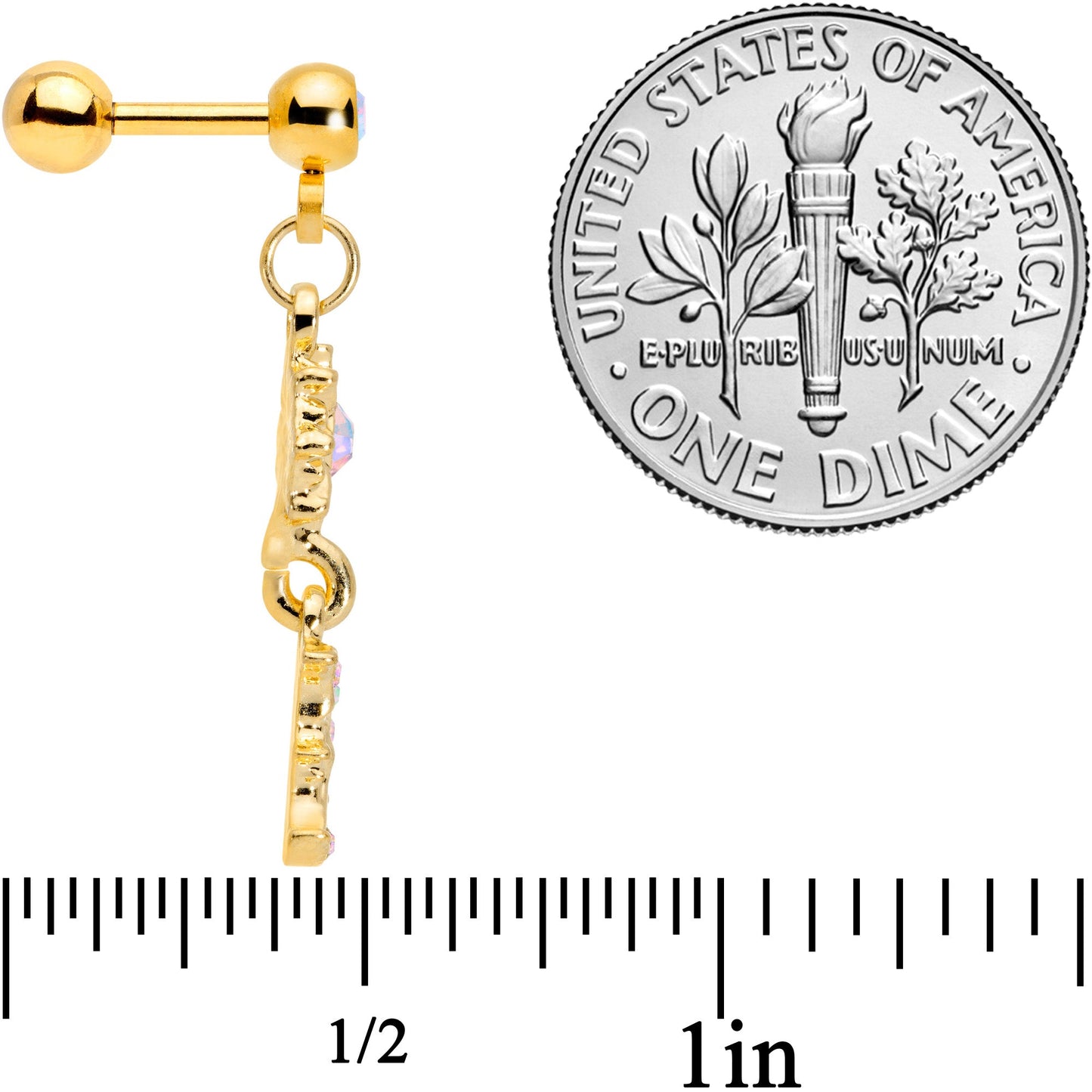 16G 1/4 Aurora Gem Gold Tone Moon Dangle Cartilage Tragus