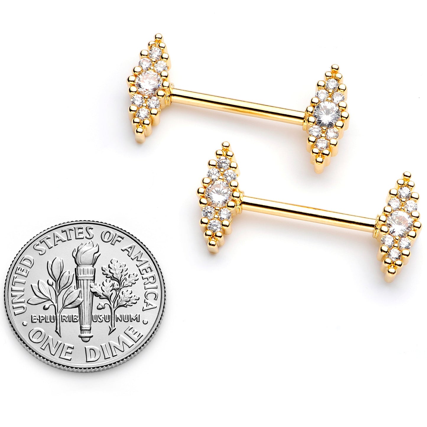 14G 9/16 Clear CZ Gem Gold Tone Texture Barbell Nipple Ring Set