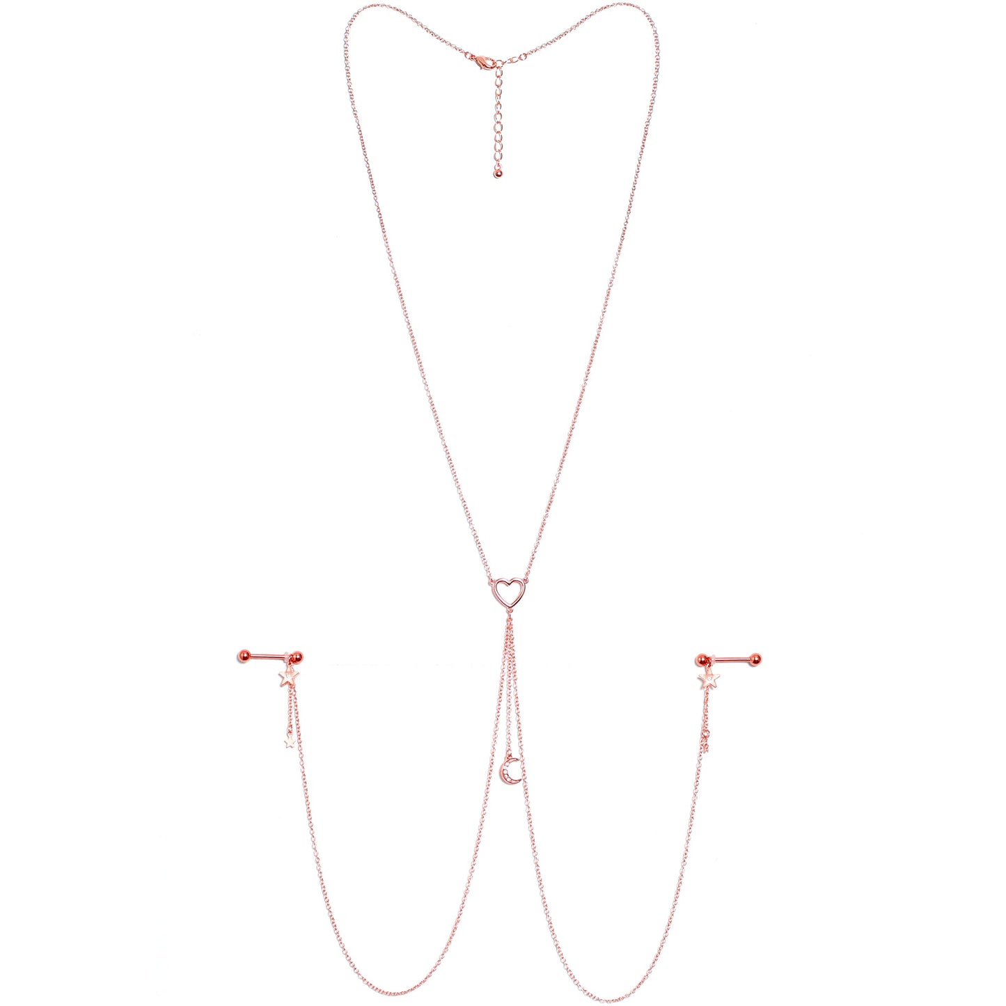 14G 5/8 Aurora Gem Rose Gold Hue Star Moon Nipple Chain Necklace