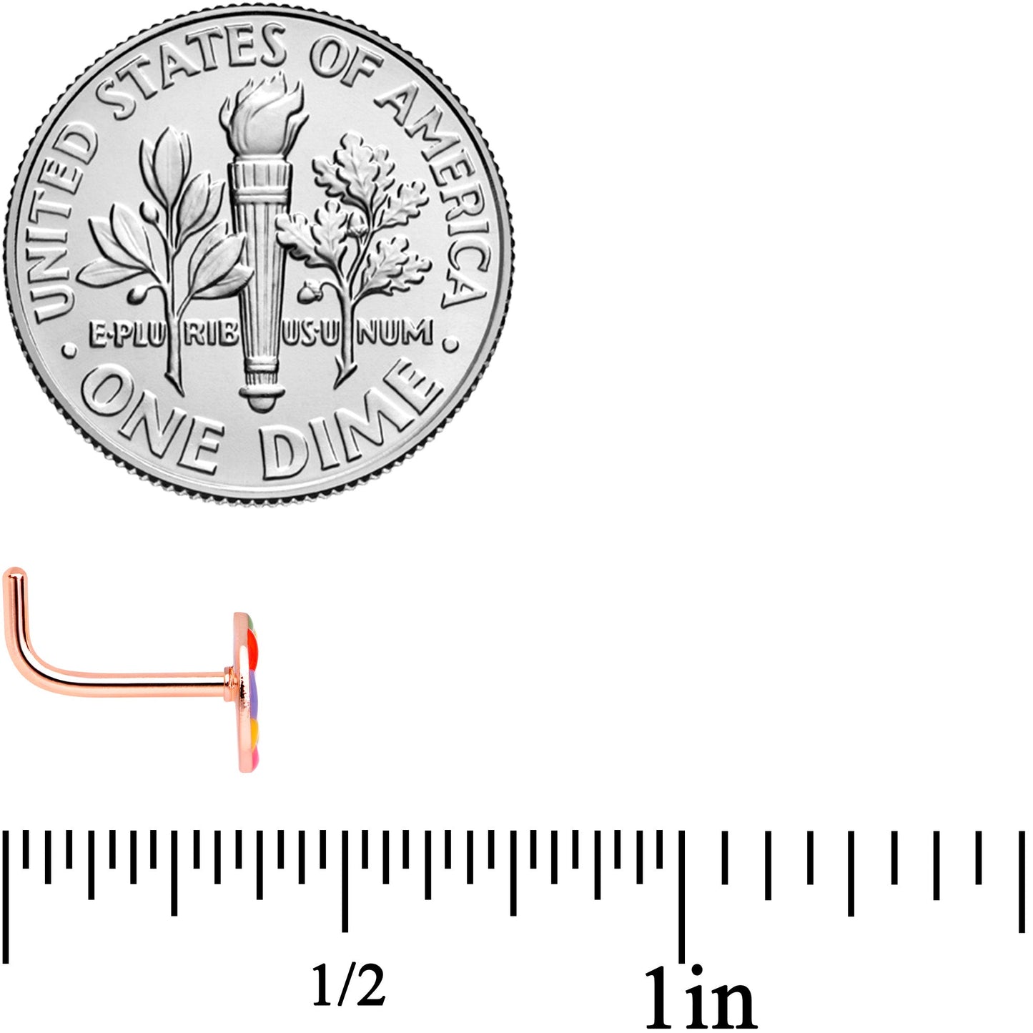 18G 5/16 Rose Gold Tone Rainbow Peace Sign L Shaped Nose Ring