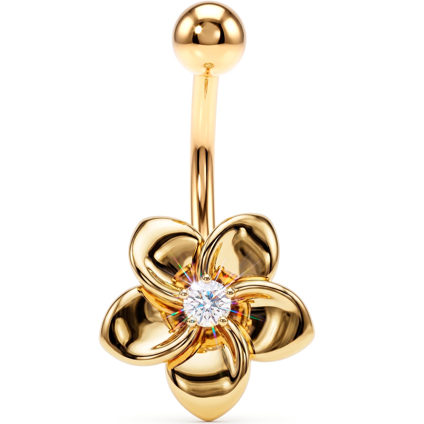 16G Solid 14K Yellow Gold FLOWER Belly Ring