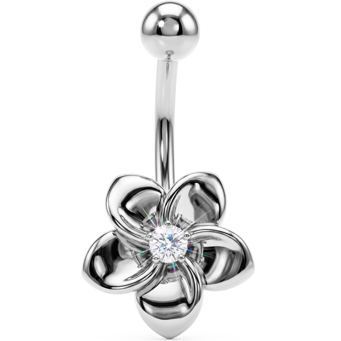 16G Solid 14K White Gold Cubic Zirconia FLOWER Belly Ring