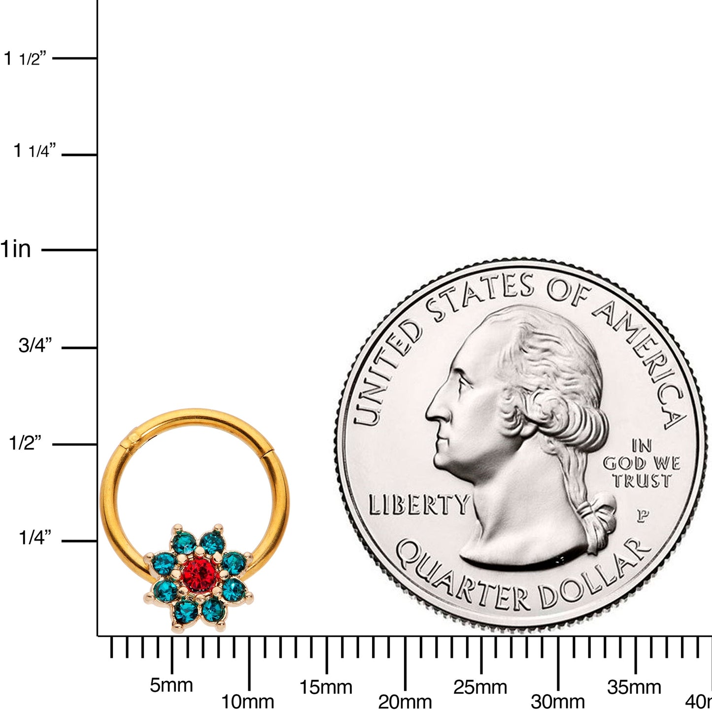 16G 5/16 Red Gem Gold Tone Christmas Flower Hinged Segment Ring