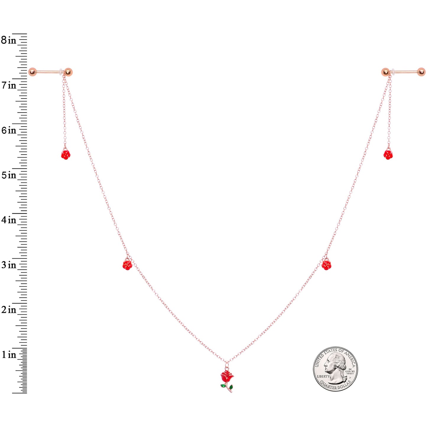14G 9/16 Gold Tone Red Flower Valentine Dangle Nipple Chain