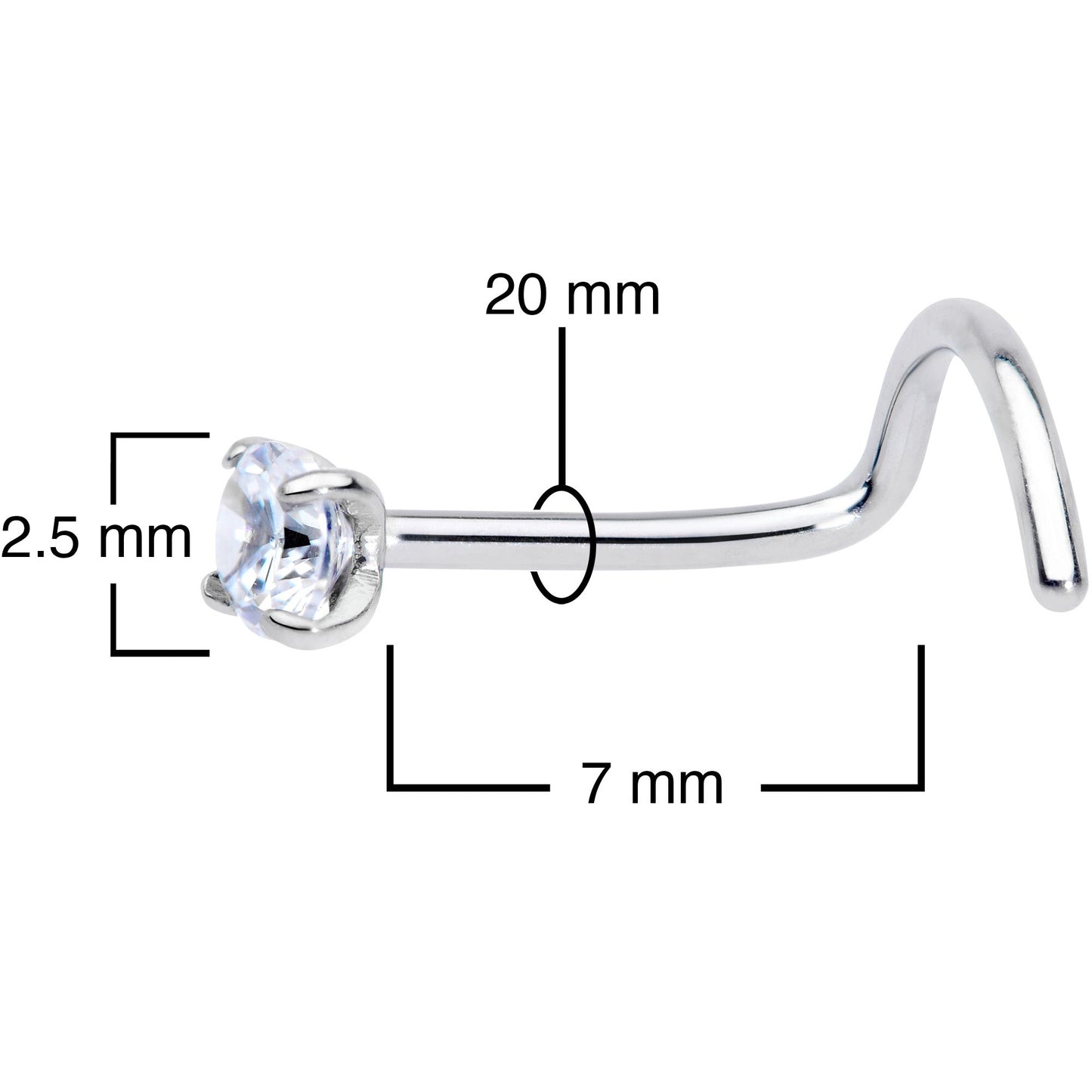 20G 7mm Clear 2.5mm CZ Gem Grade 23 Titanium Left Side Nose Screw