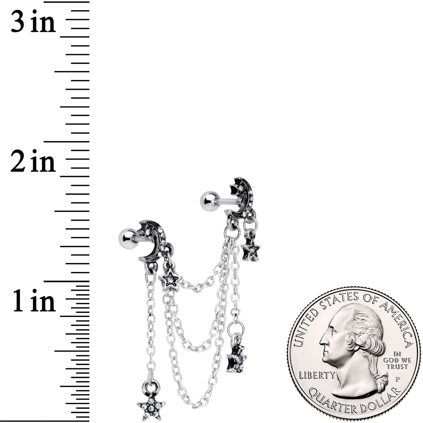 16G 1/4 Clear Gem Moon Star Triple Dangle Cartilage Chain Earring