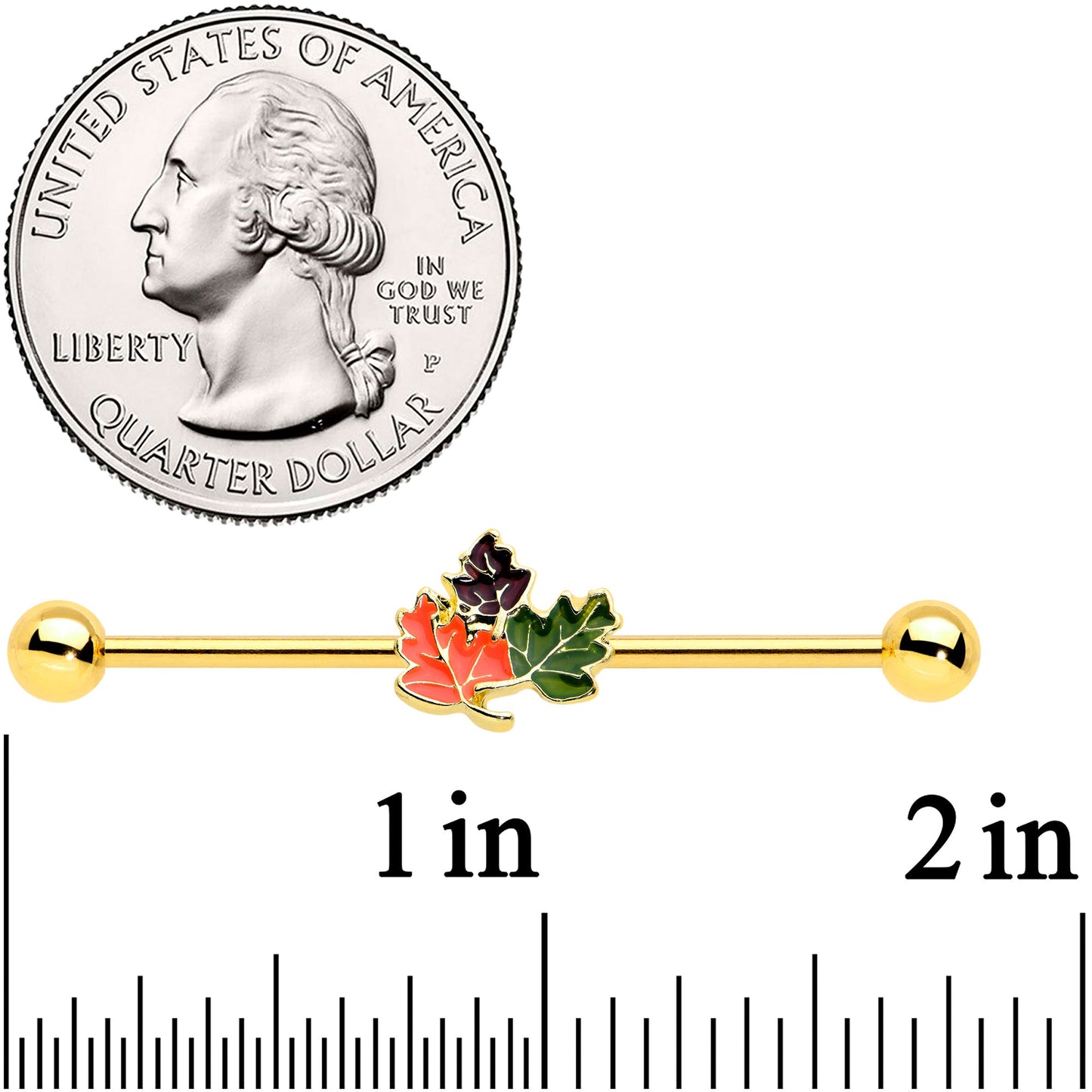 14G Gold Tone Lovely Autumn Leaf Trio Industrial Barbell 38mm