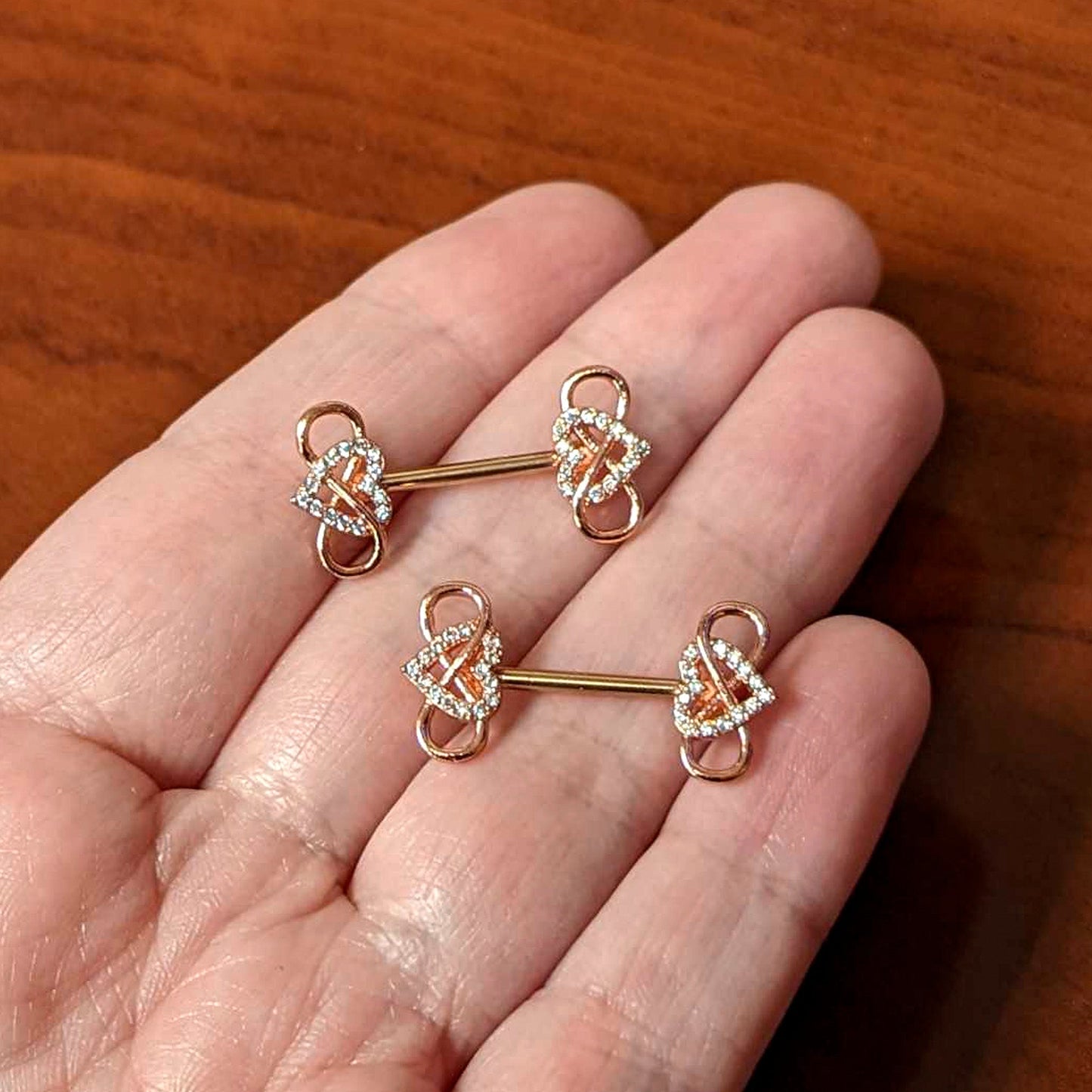 14G 1/2 Clear CZ Gem Rose Gold Hue Infinity Heart Nipple Ring Set