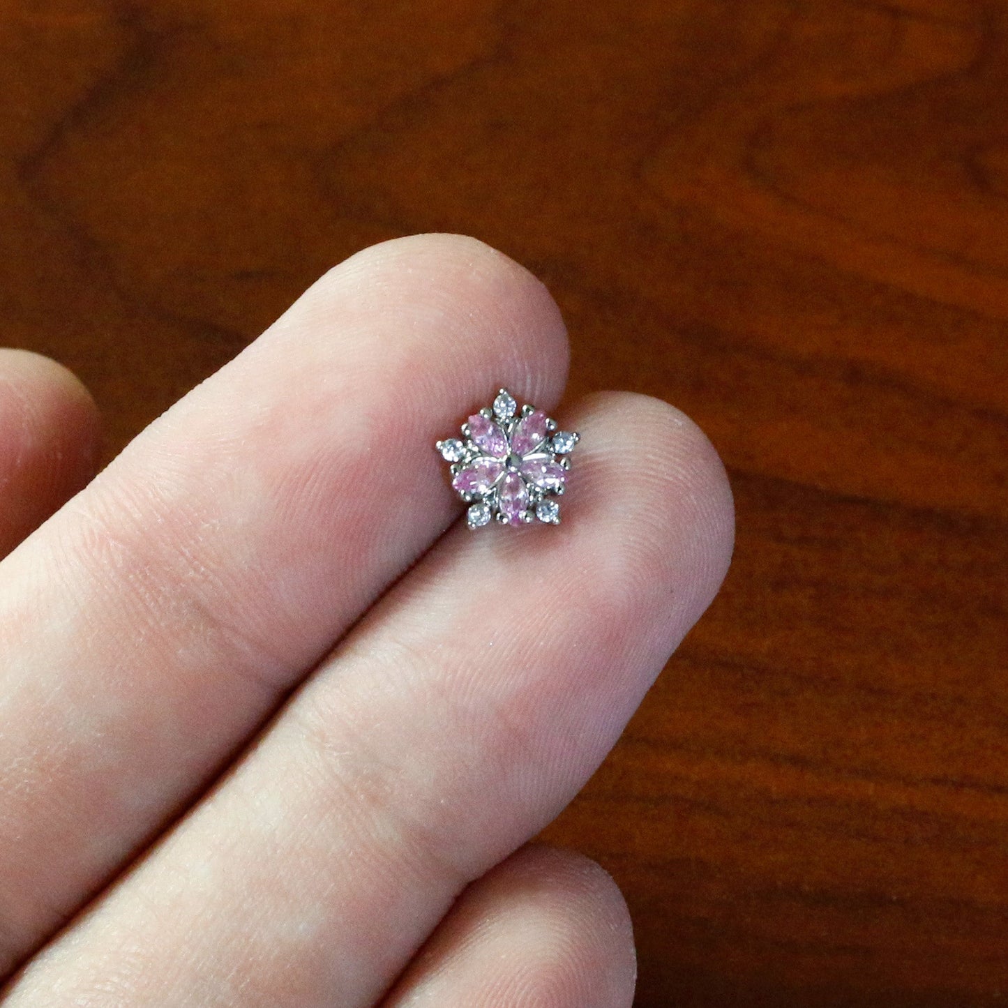 16G 1/4 Pink CZ Gem Floral Burst Cartilage Tragus Earring