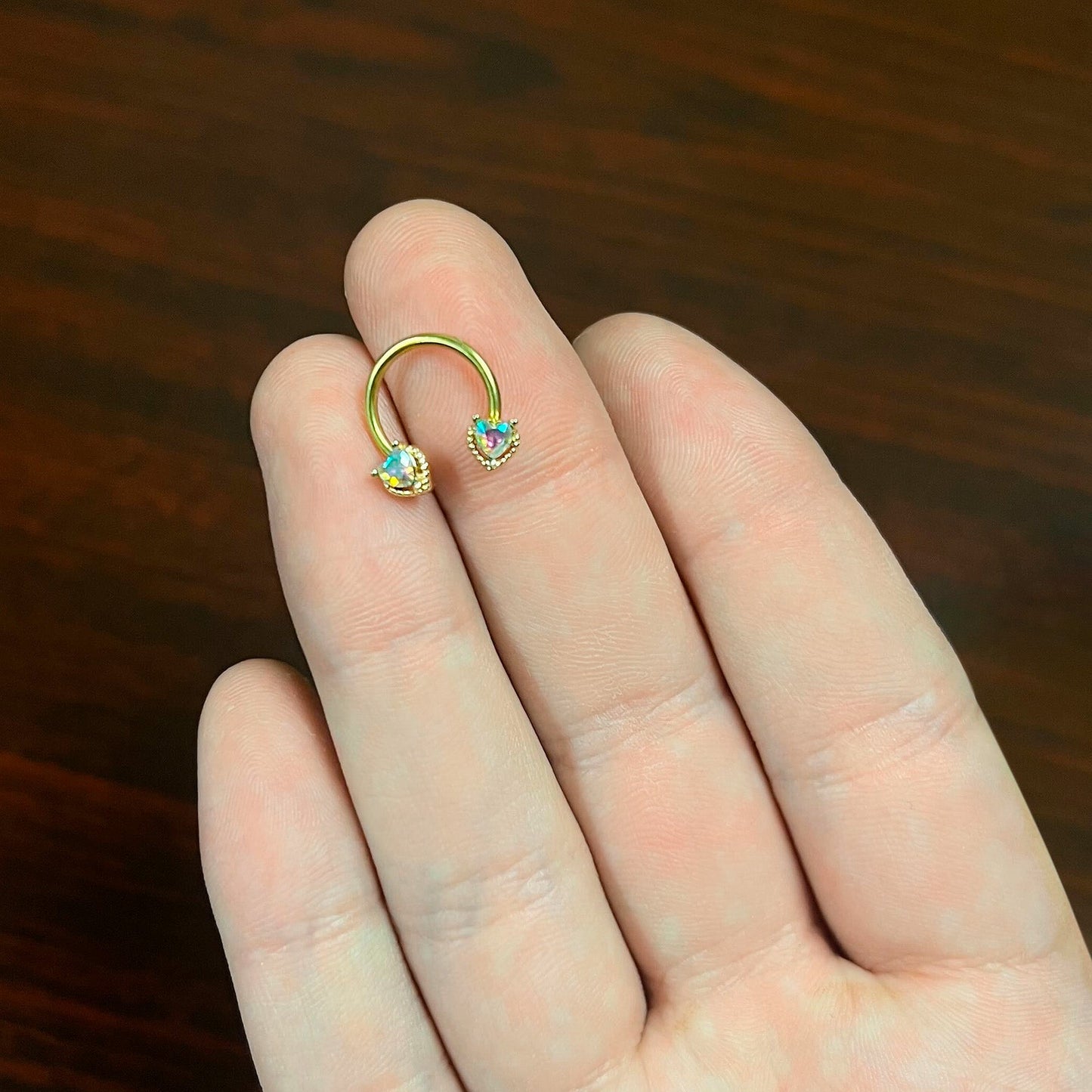 16G 3/8 Aurora Gem Gold Tone Duo Heart Horseshoe Circular Barbell