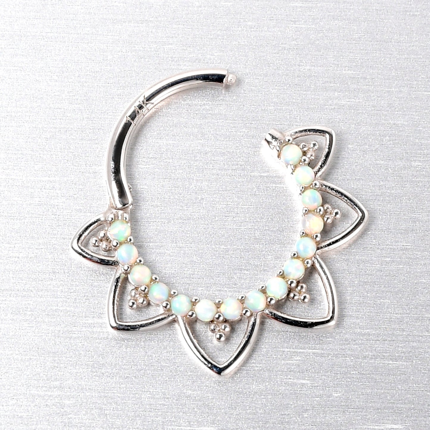 16G 3/8 White Synthetic Opal 14k White Gold Filigree Hinged Segment Ring