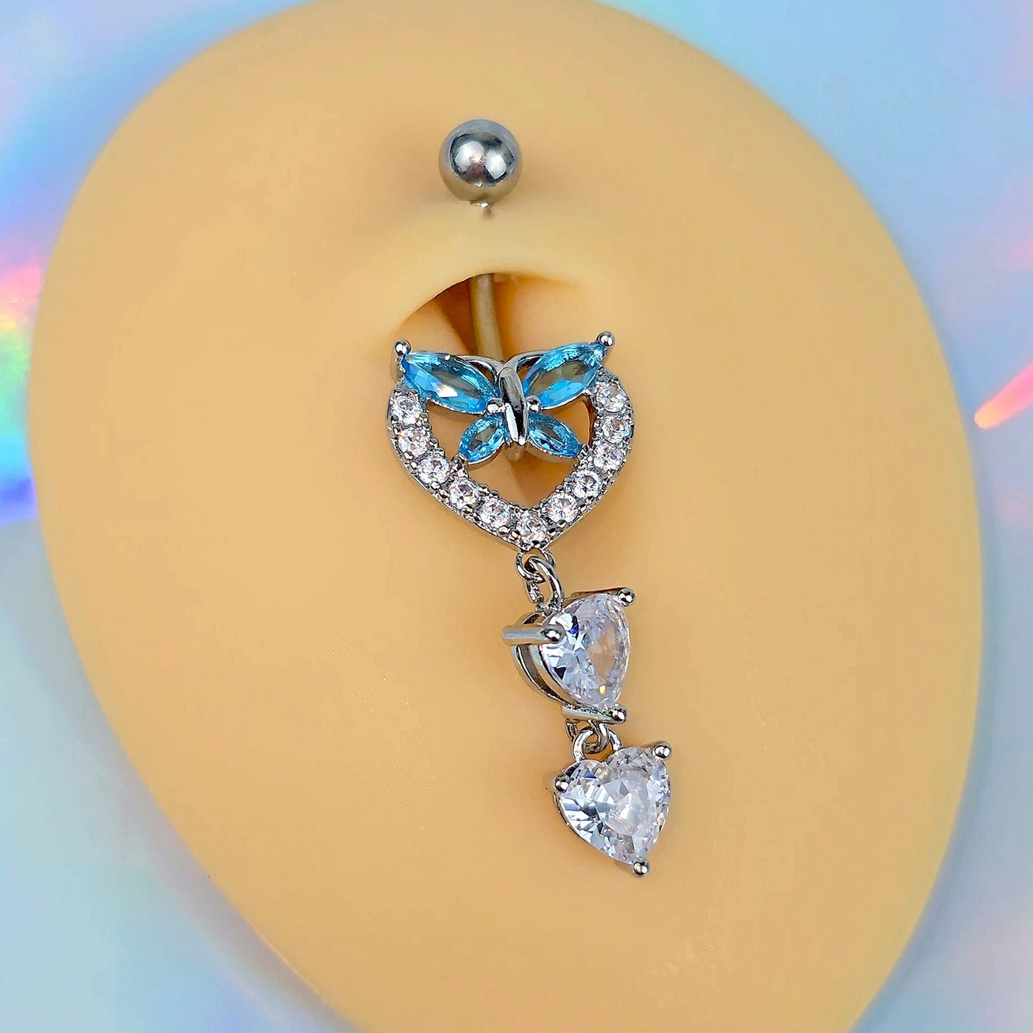 Blue Clear Gem Butterfly Hearts Of Love Dangle Belly Ring
