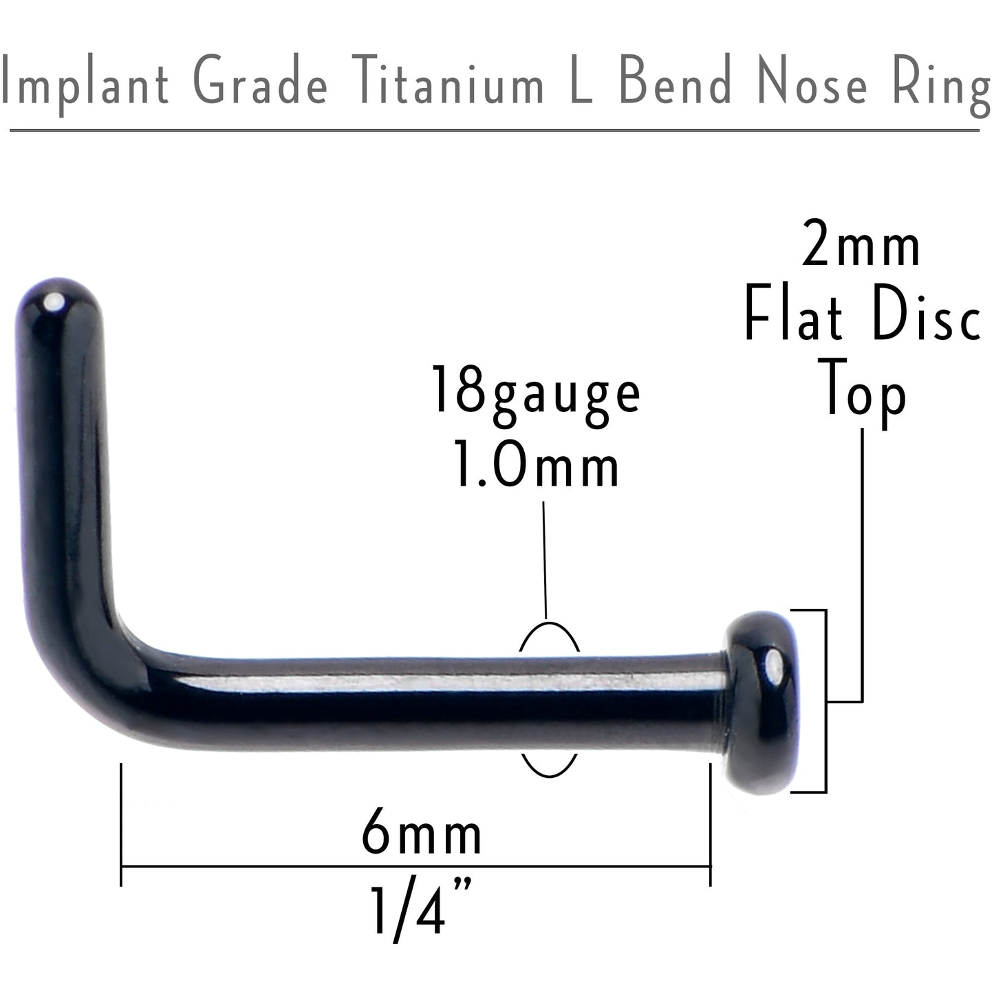 18G 1/4 Black ASTM F-136 Implant Grade Titanium 2mm Disc End L Shape Nose Ring