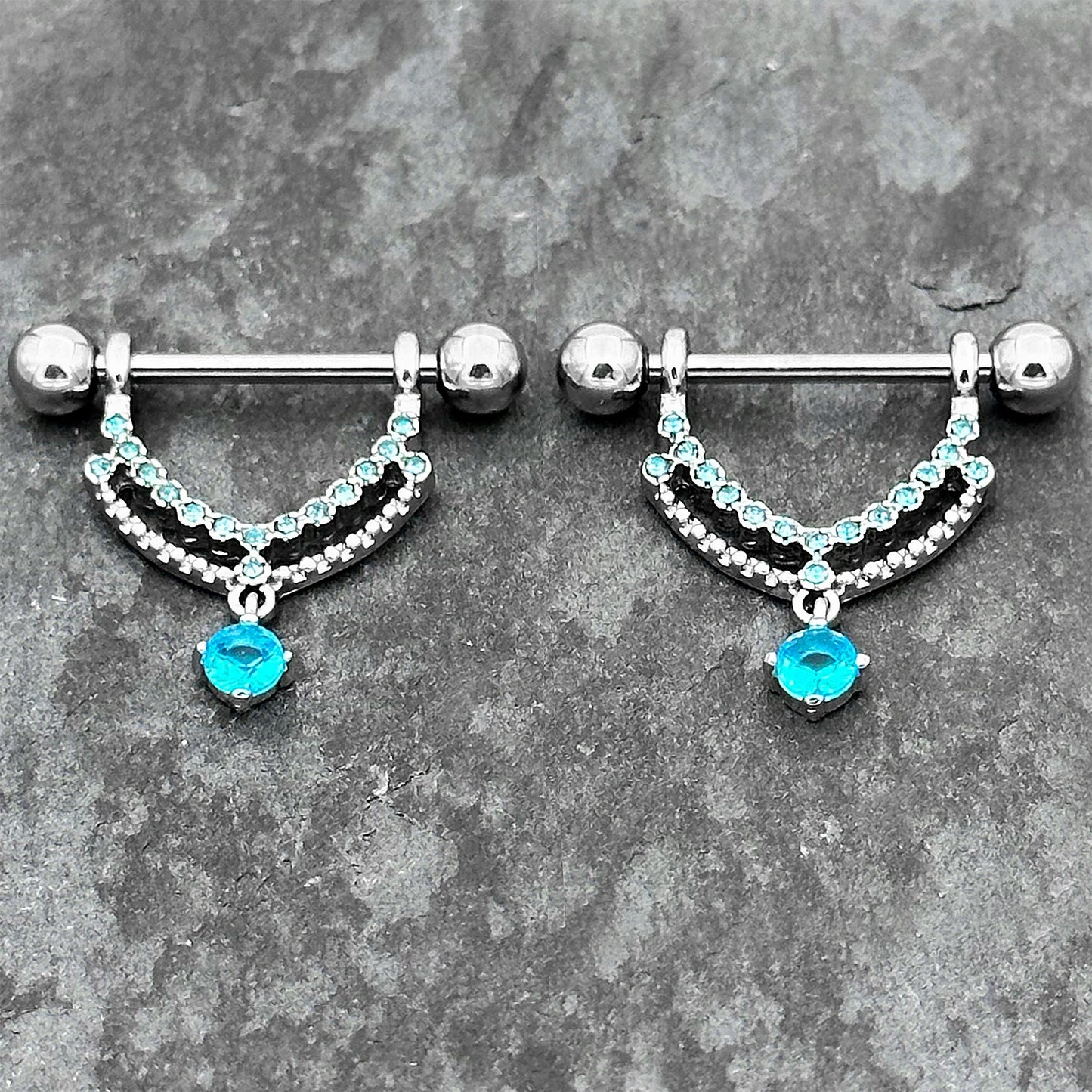 14G 9/16 Blue CZ Gem Double Curvation Dangle Nipple Ring Set