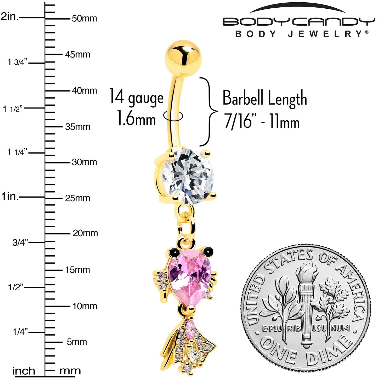 Clear Pink CZ Gem Gold Tone Fanciful Fish Dangle Belly Ring