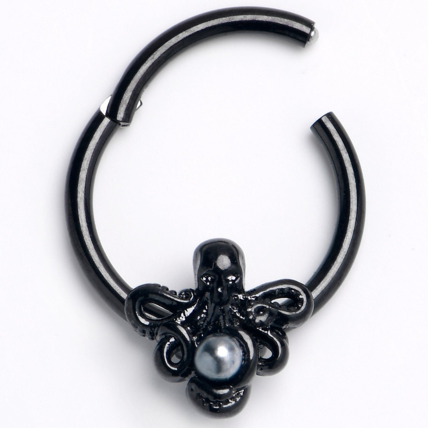16G 3/8 Black Faux Pearl Treasure Octopus Hinged Segment Ring