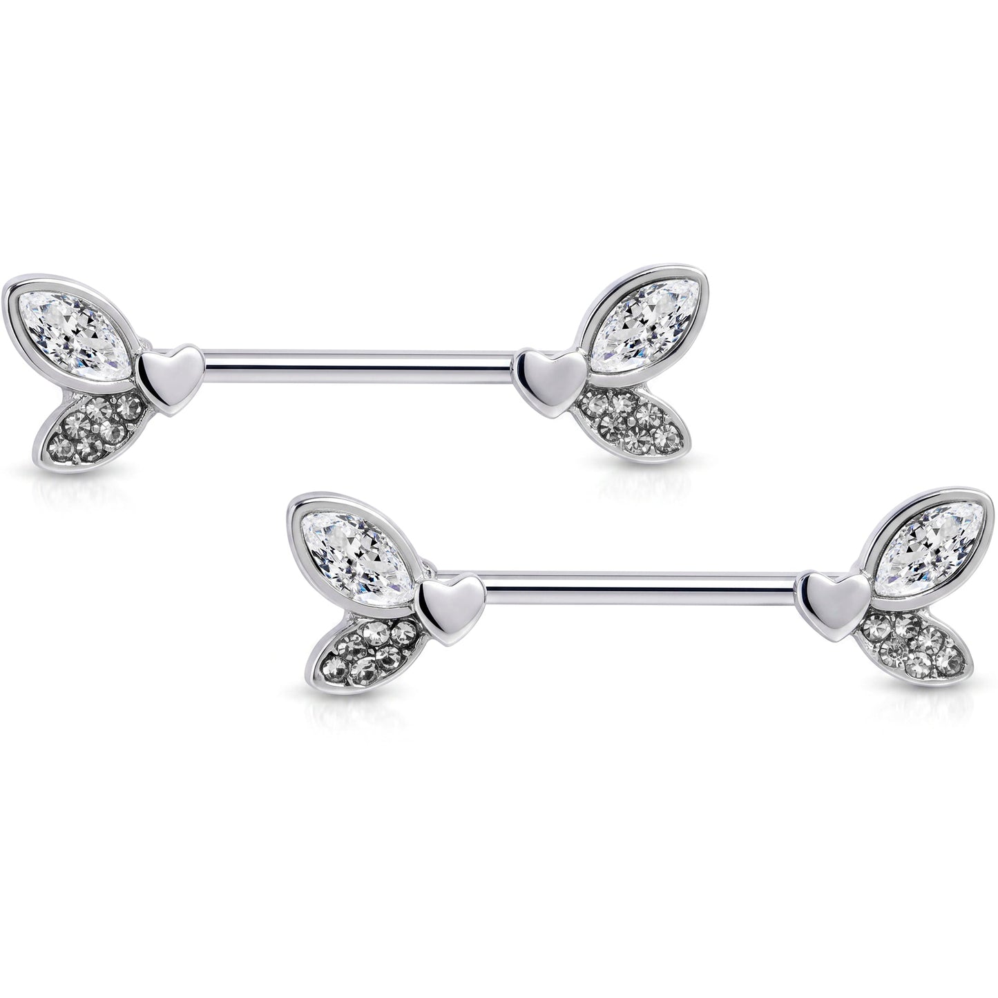14G 9/16 Clear Gem Butterfly Lover Barbell Nipple Ring Set