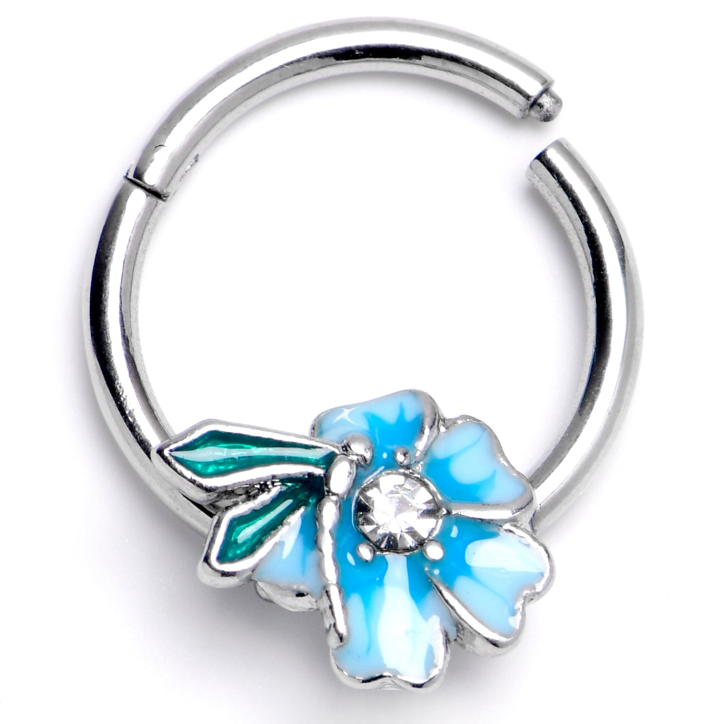 16G 3/8 Clear Gem Flower Blue Beauty Hinged Segment Ring
