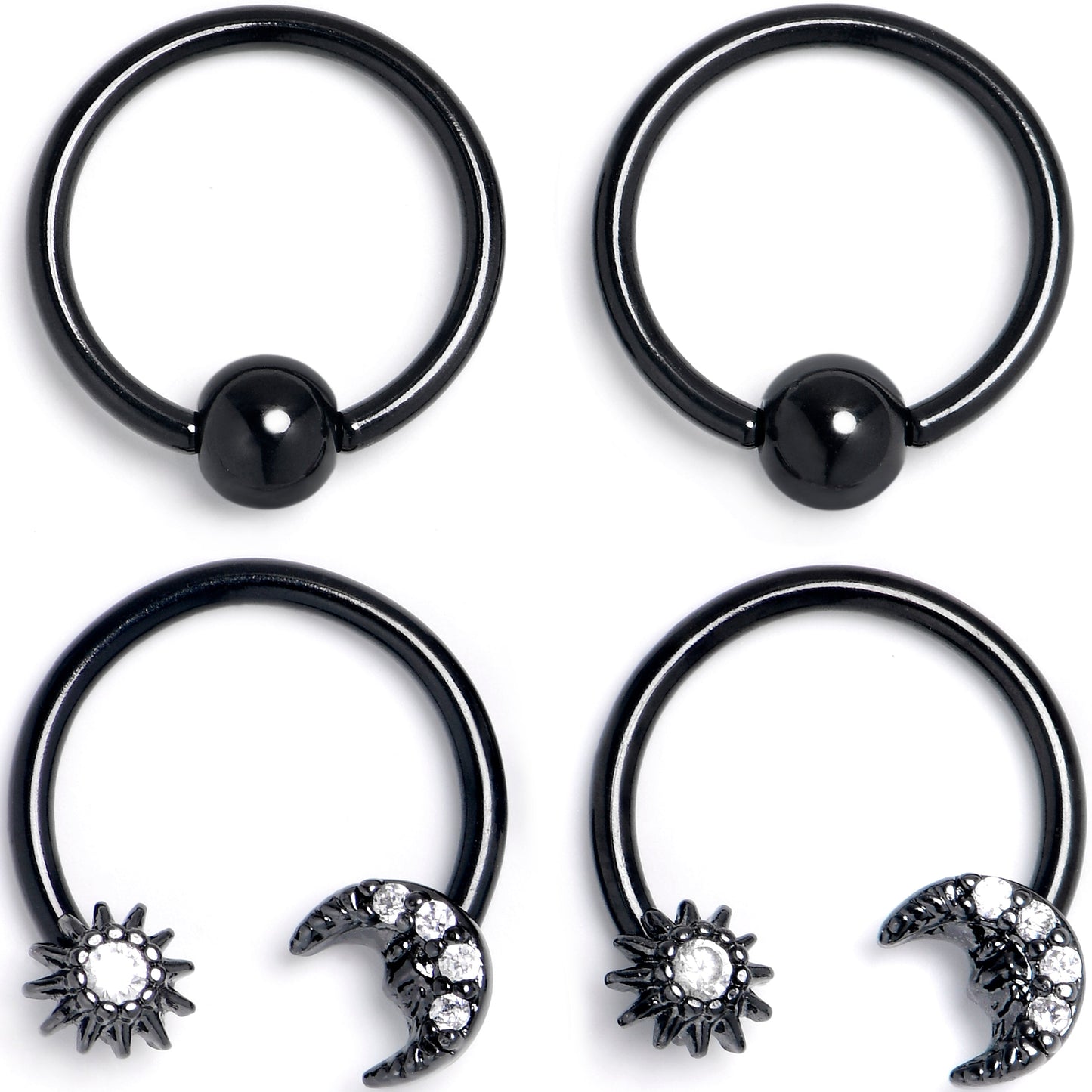 16G 3/8 Clear Gem Black Moon Sun BCR Captive Horseshoe Set of 4