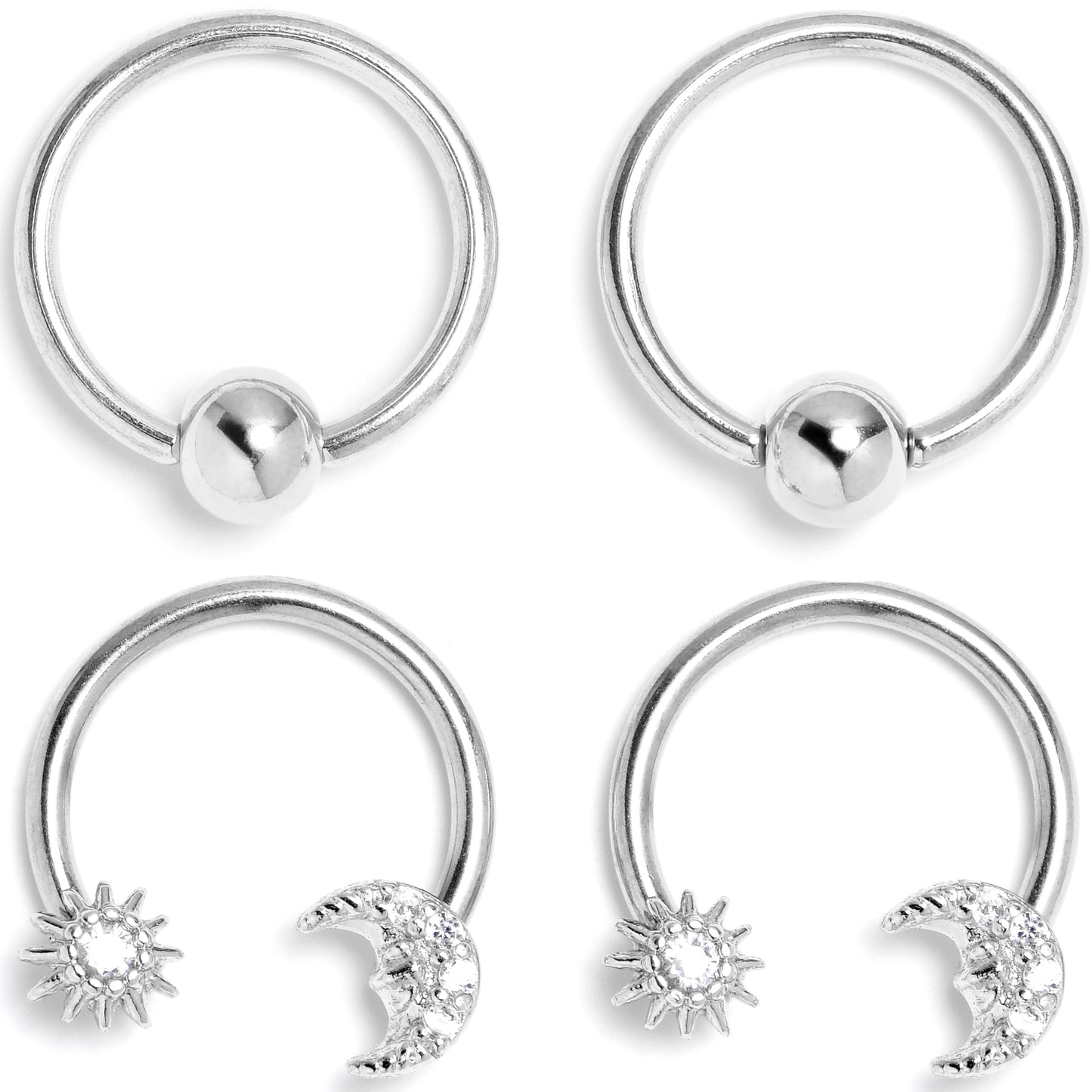 16G 3/8 Clear Gem Moon Sun BCR Captive Ring Horseshoe Set of 4