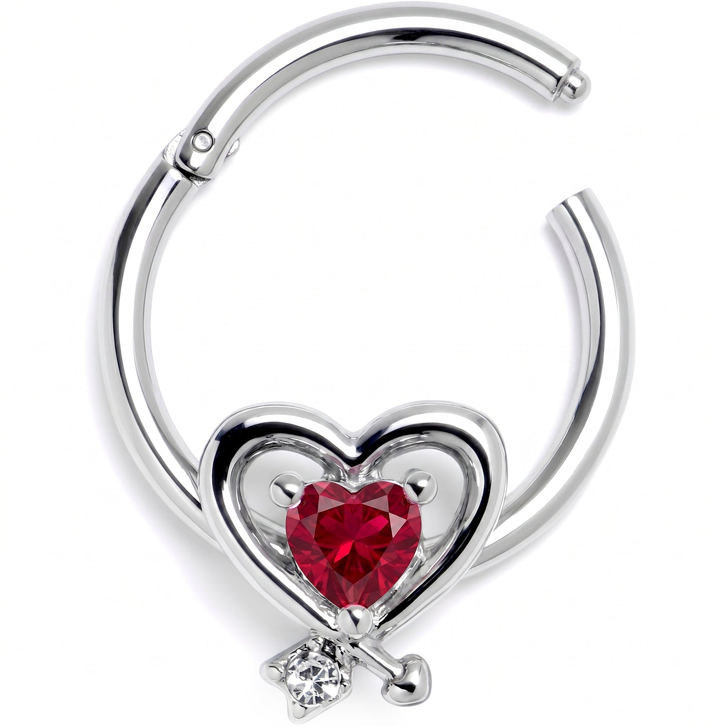 16G 3/8 Red CZ Gem Wrapped In Heart Hinged Segment Ring