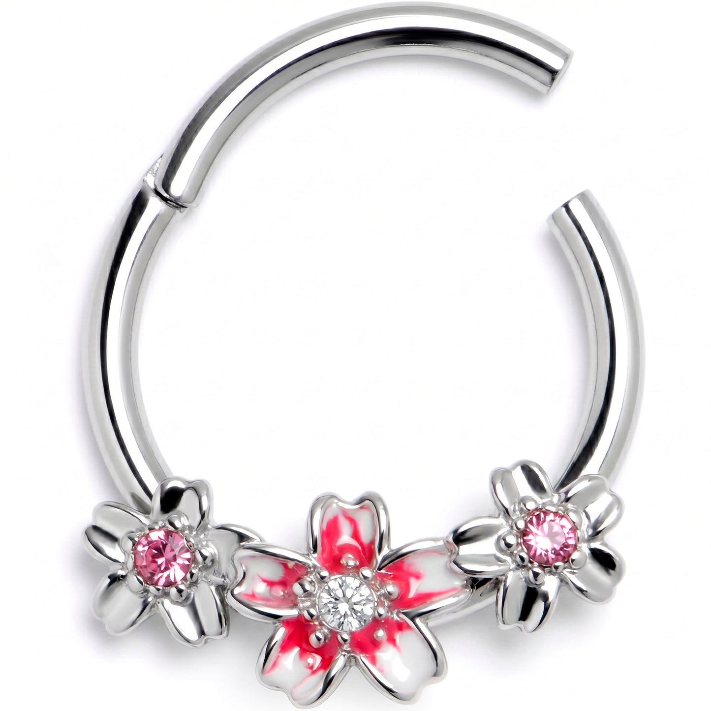 16G 3/8 Pink Clear Gem Perfect Flowers Hinged Segment Ring