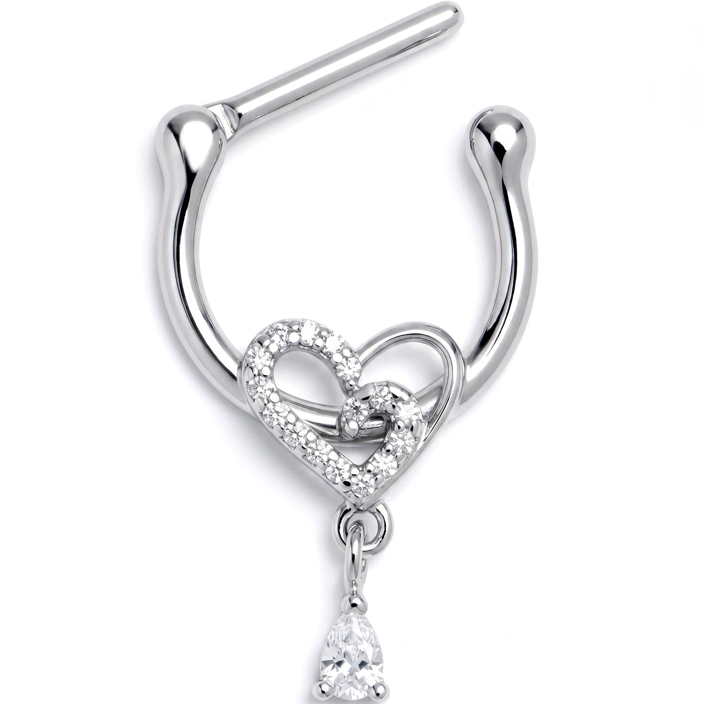 16G 5/16 Clear CZ Gem Asymmetrical Heart Dangle Cartilage Clicker