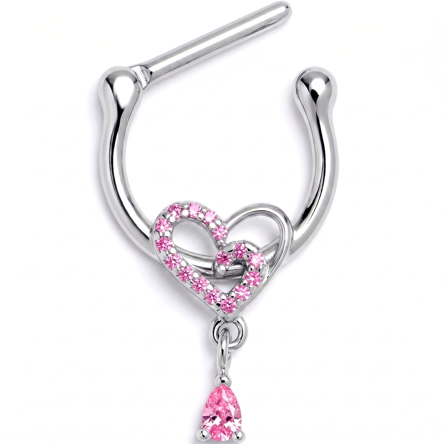 16G 5/16 Pink CZ Gem Asymmetrical Heart Dangle Cartilage Clicker