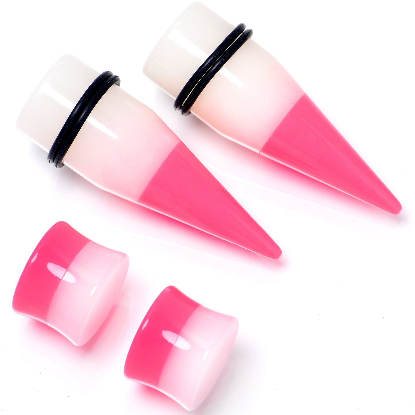 Pink White Acrylic Glow in the Dark Taper Saddle Plug Set 8mm to 16mm Sizes