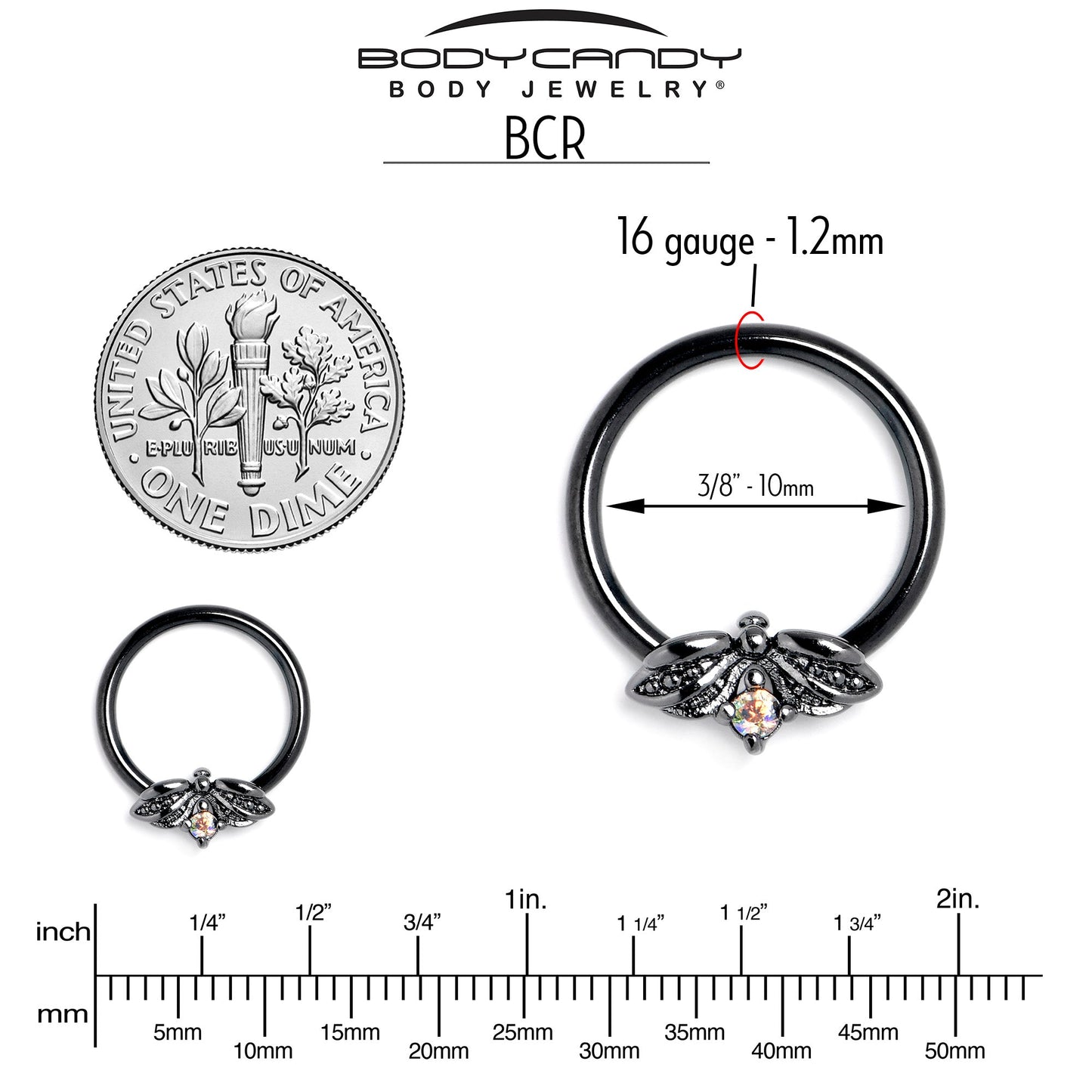 16G 3/8 Aurora Gem Black Beauty Bug BCR Captive Ring