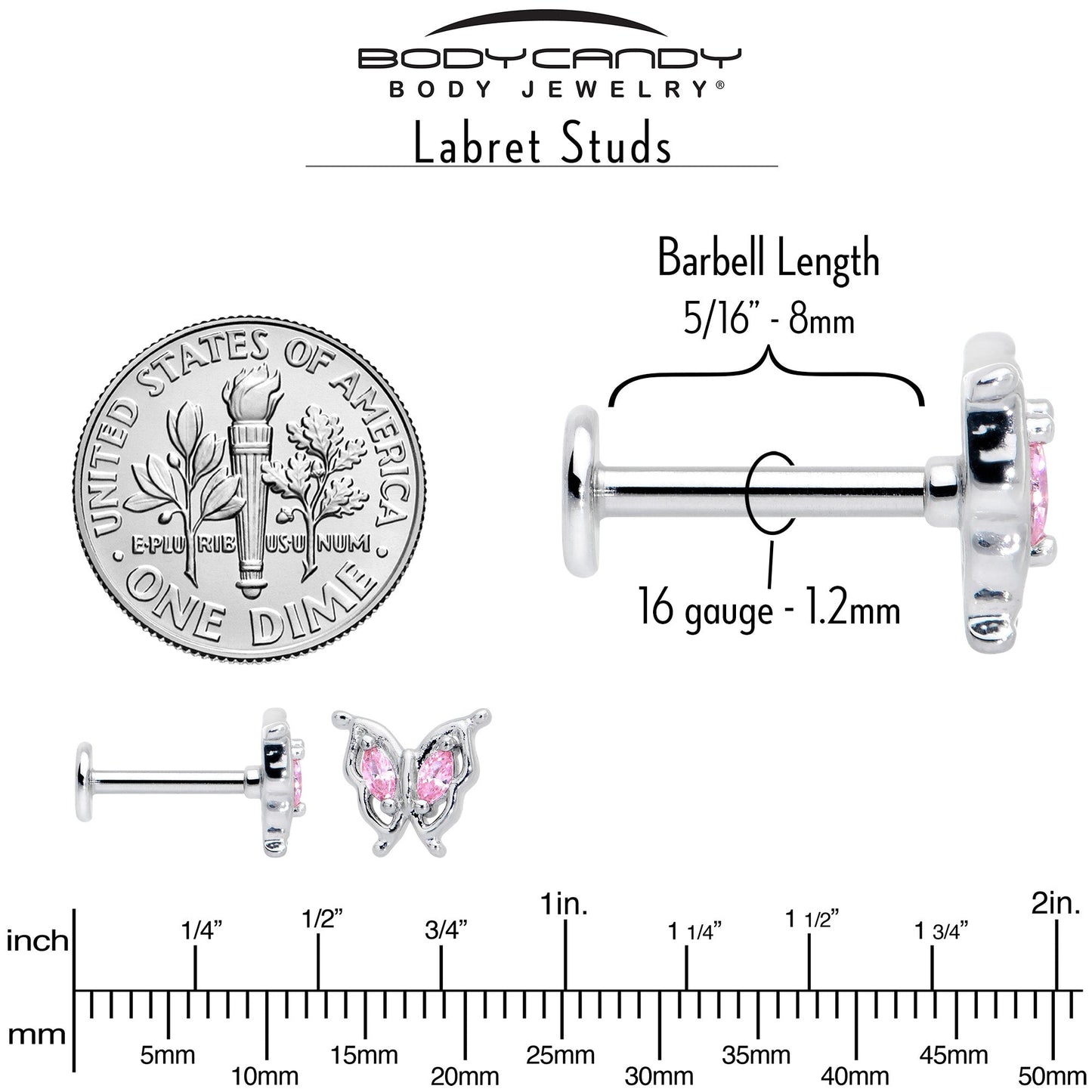 16G 5/16 Pink Gem Fancy Fab Butterfly Internally Threaded Labret
