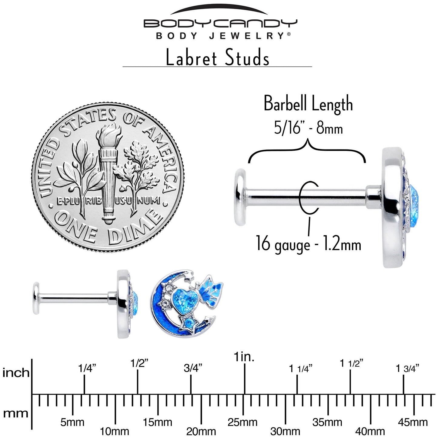 16G 5/16 Blue CZ Gem Butterfly Love Heart Labret Monroe Tragus