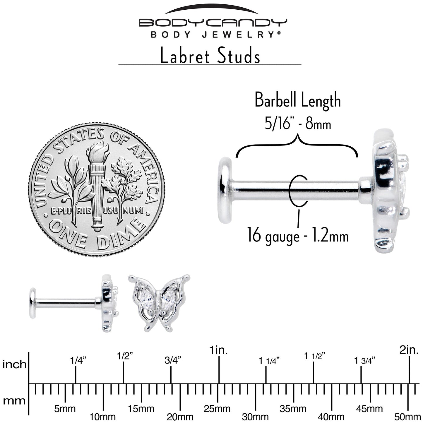 16G 5/16 Clear Gem Fancy Fab Butterfly Internally Threaded Labret