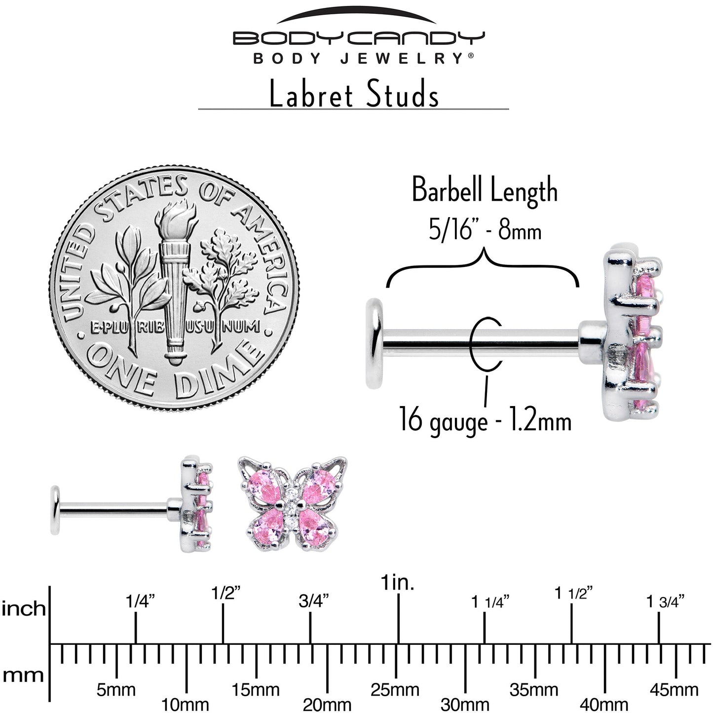 16G 5/16 Pink Gem Baroque Butterfly Internally Threaded Labret