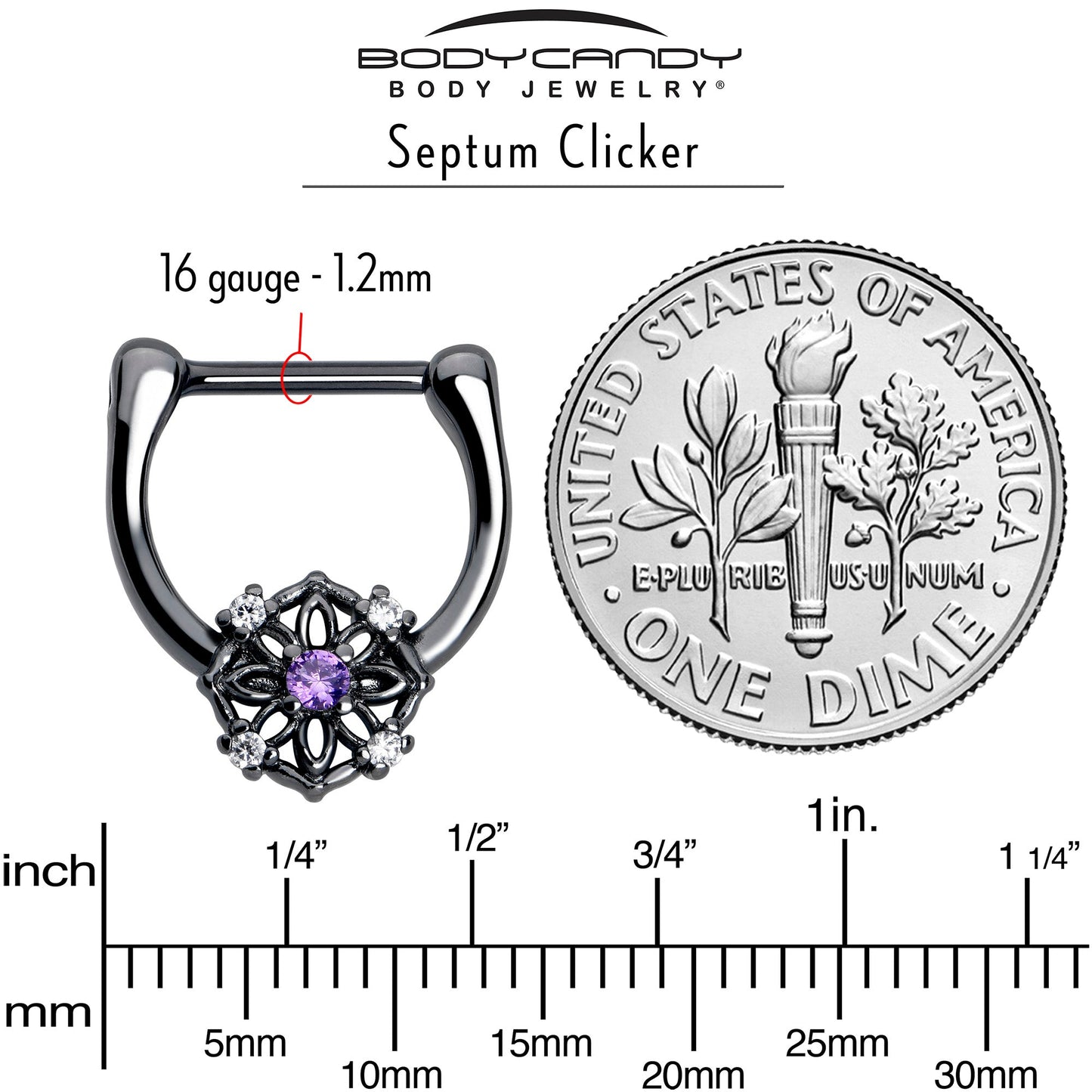 16G 5/16 Purple Clear CZ Gem Black Flower Ring Cartilage Clicker