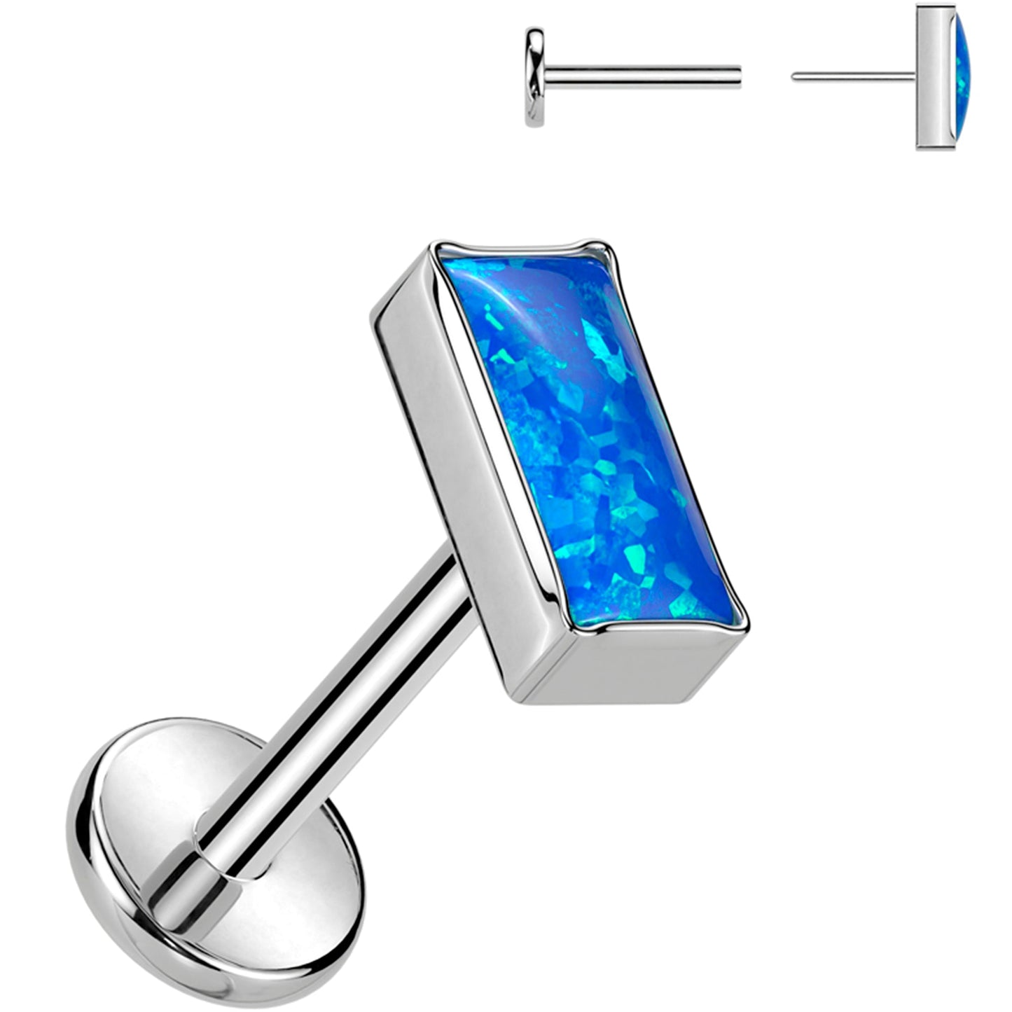 18G 5/16 Blue Rectangular Synthetic Opal Medical Grade Titanium Flat Back Earring