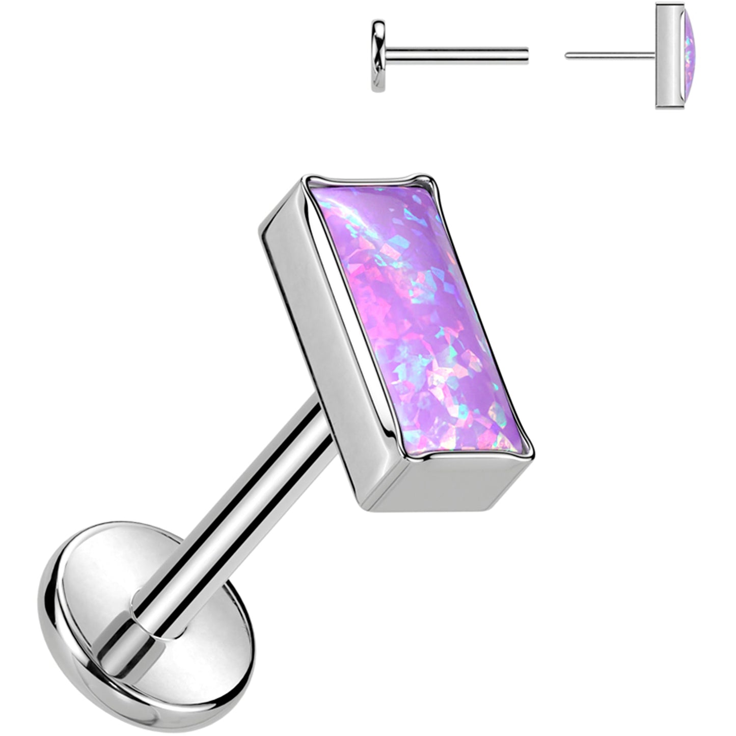 18G 5/16 Purple Rectangular Synthetic Opal Medical Grade Titanium Flat Back Earring