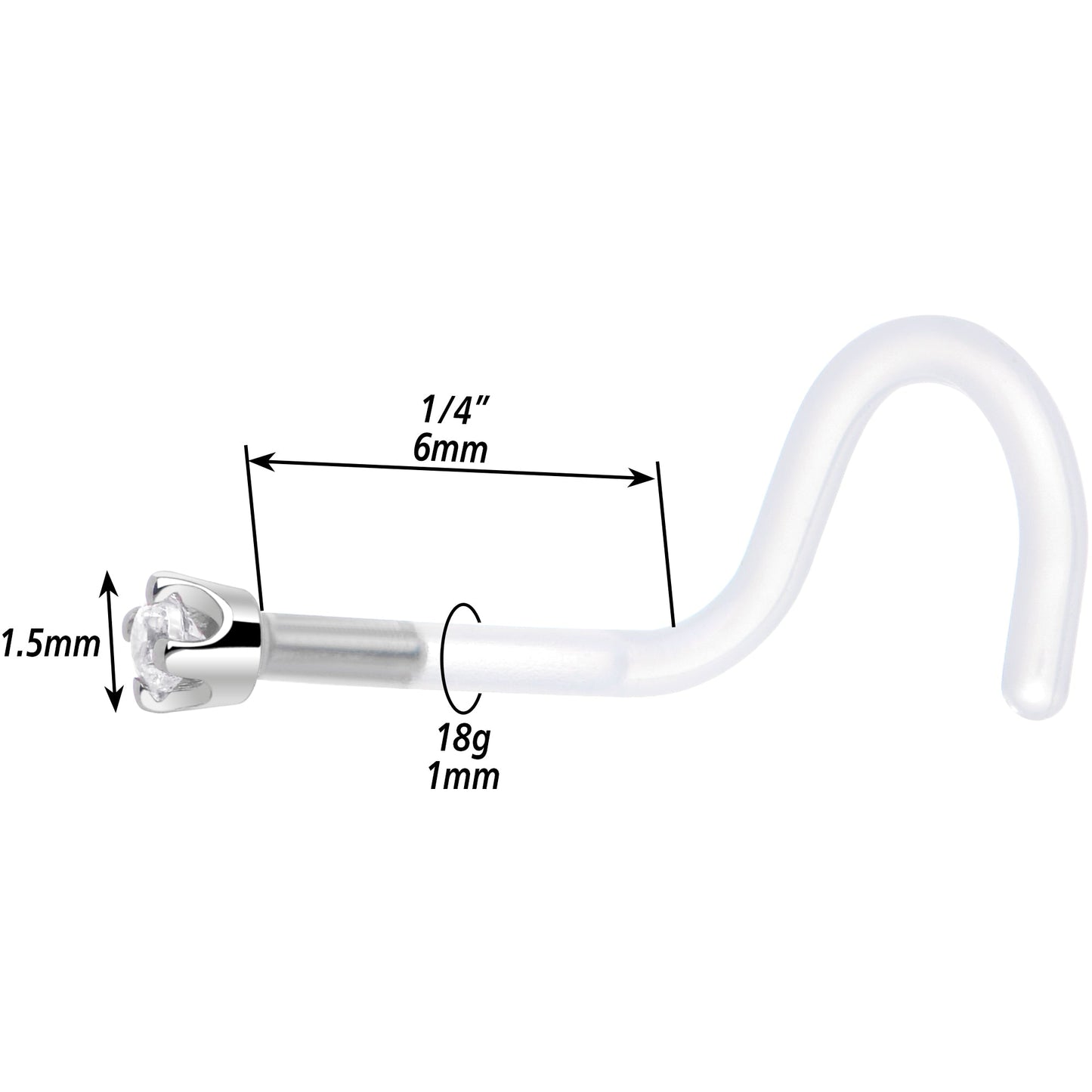 18G 1/4 White Gold 1.5mm Clear Cubic Zirconia Bioplast Nose Ring