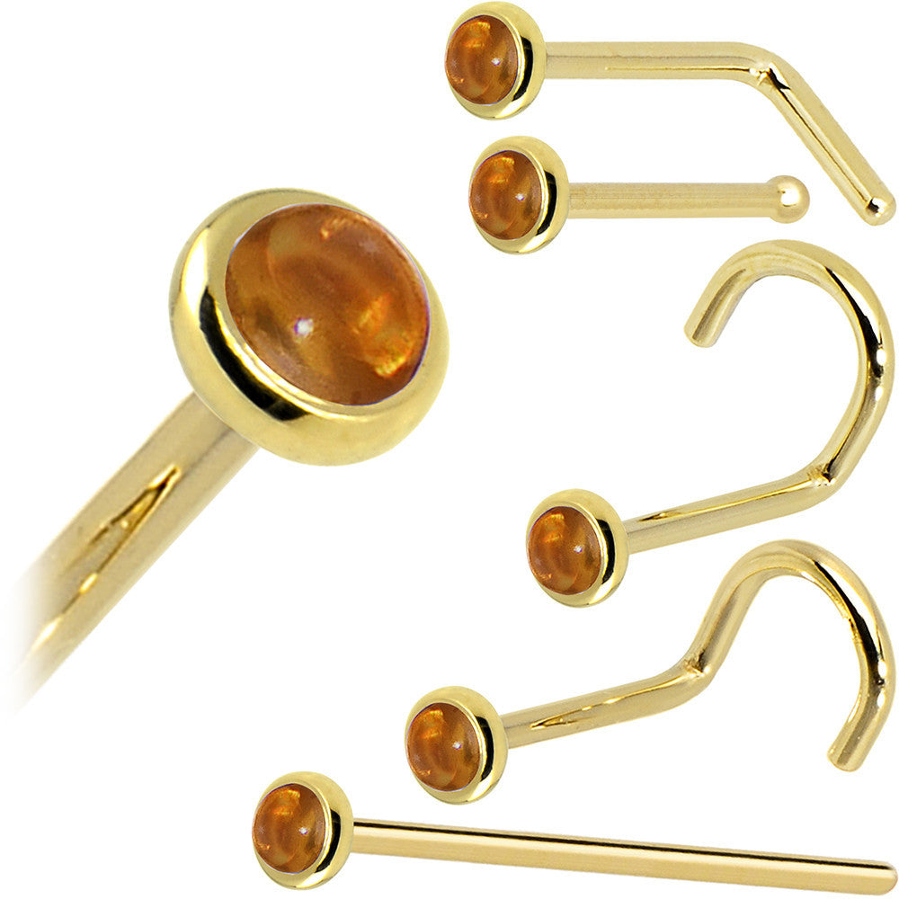 Solid 14K Yellow Gold 2mm Genuine Citrine Saffron Nose Ring