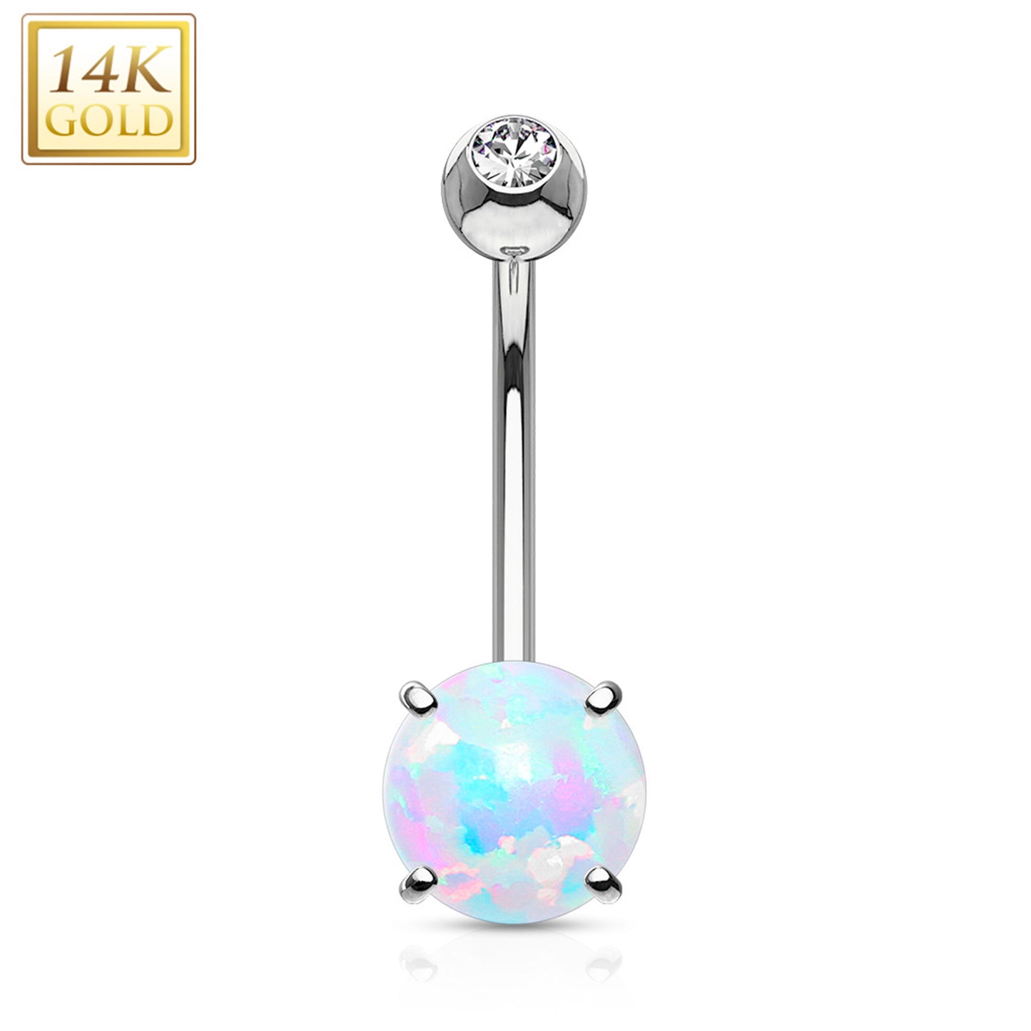 14k Solid White Gold Regal CZ 8mm Synthetic Opal Belly Ring
