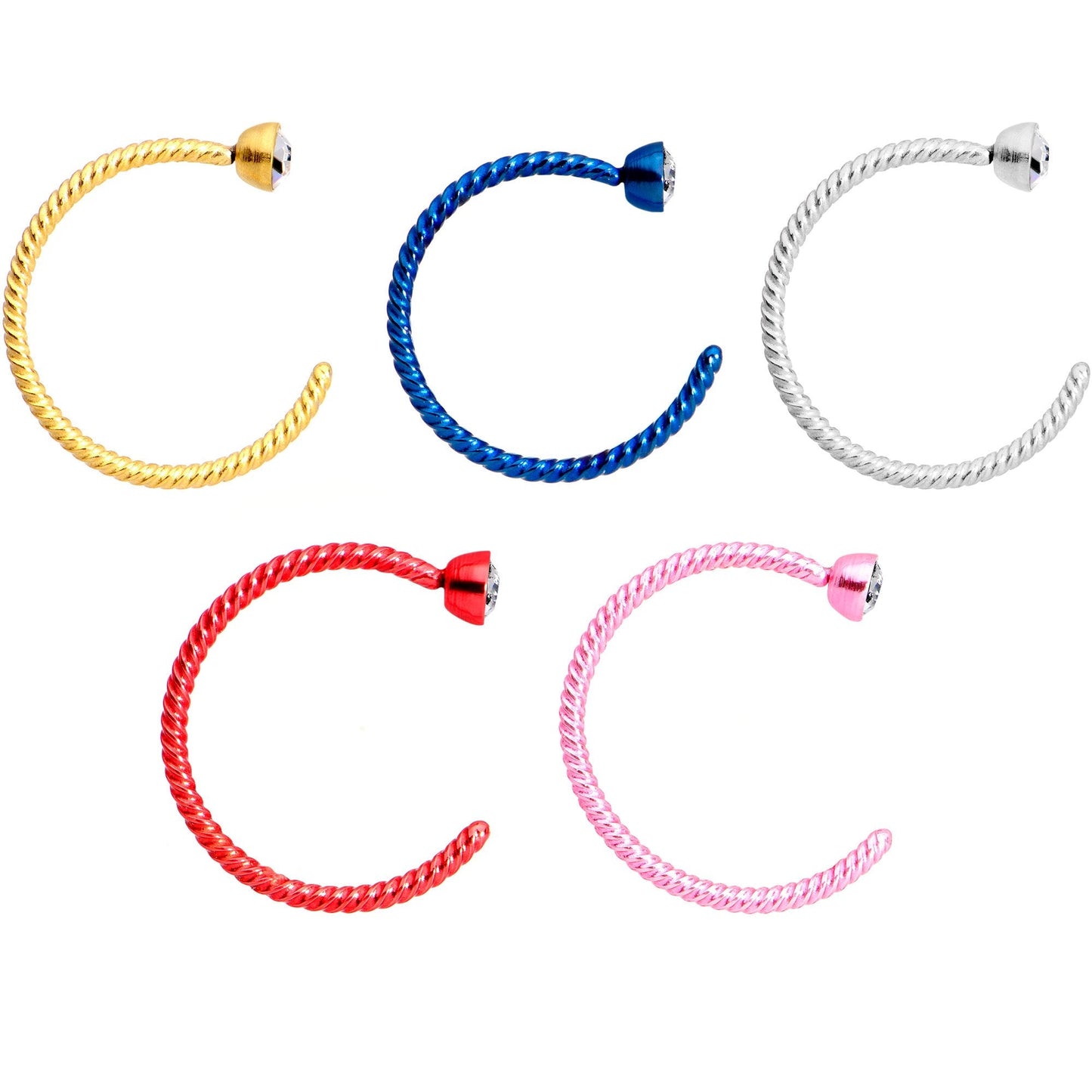 20G 5/16 Clear Gem Multicolor Pack Set of 5 Twisted Nose Hoop Rings