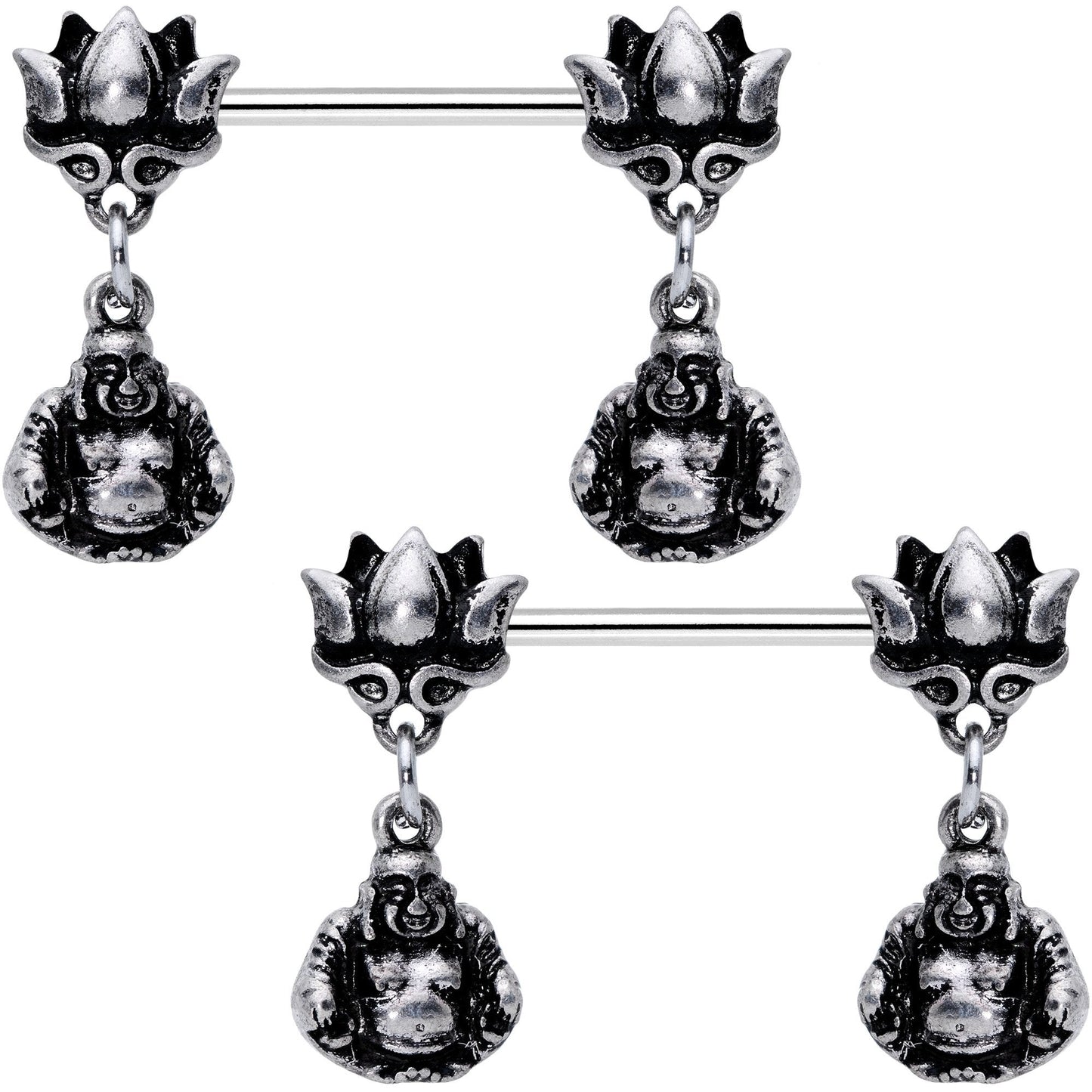 Inner Strength Buddha and Lotus Flower Barbell Dangle Nipple Ring Set