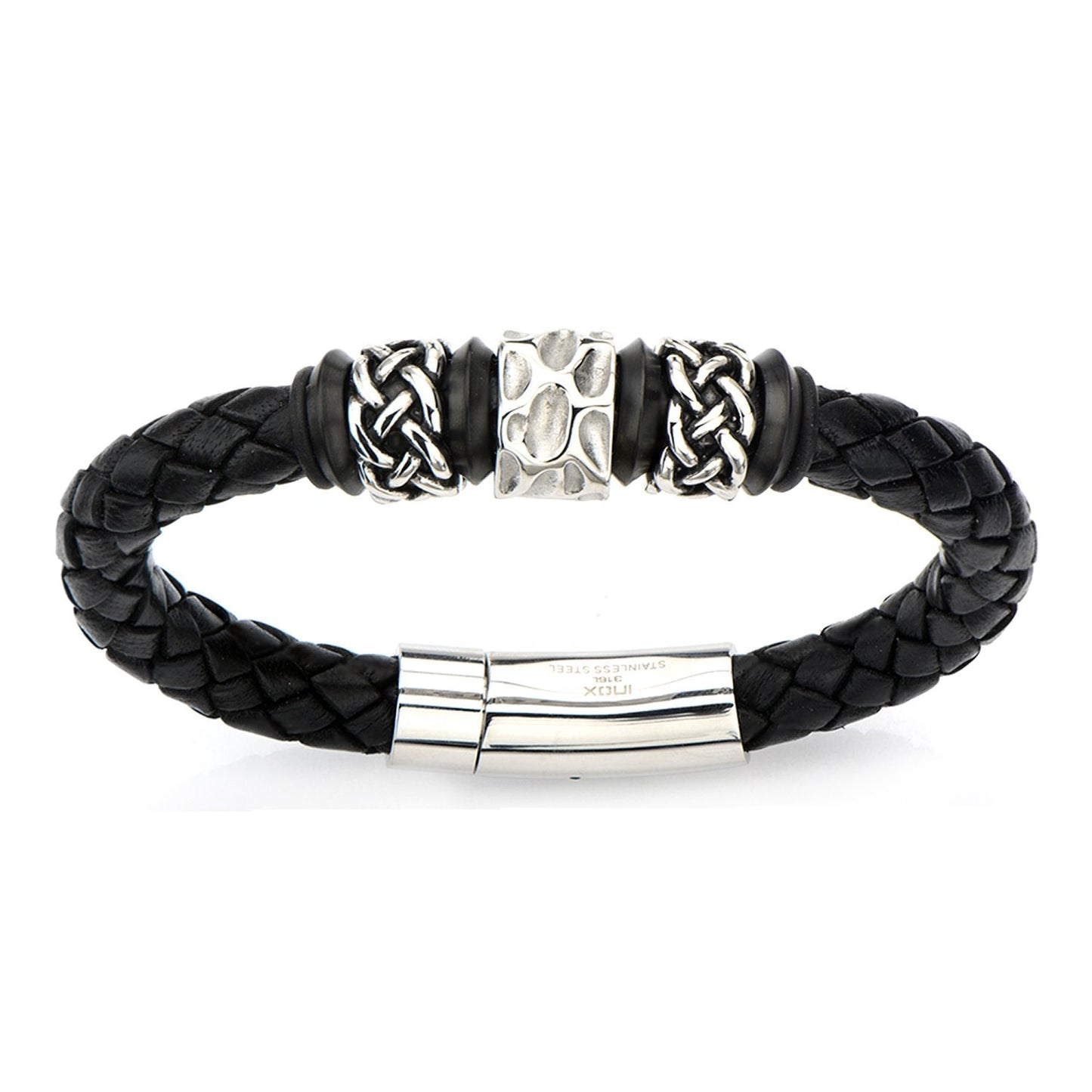 Mens Stainless Steel Celtic Knot Bead in Black Braided Leather 9.5mm Bracelet