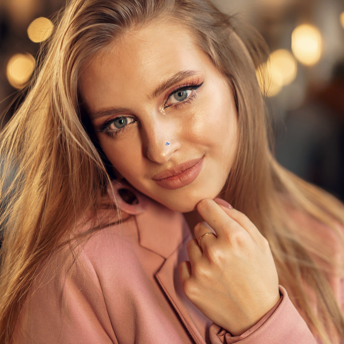 20G Stainless Steel Sapphire Blue Gem Micro Nose Ring L-Shaped